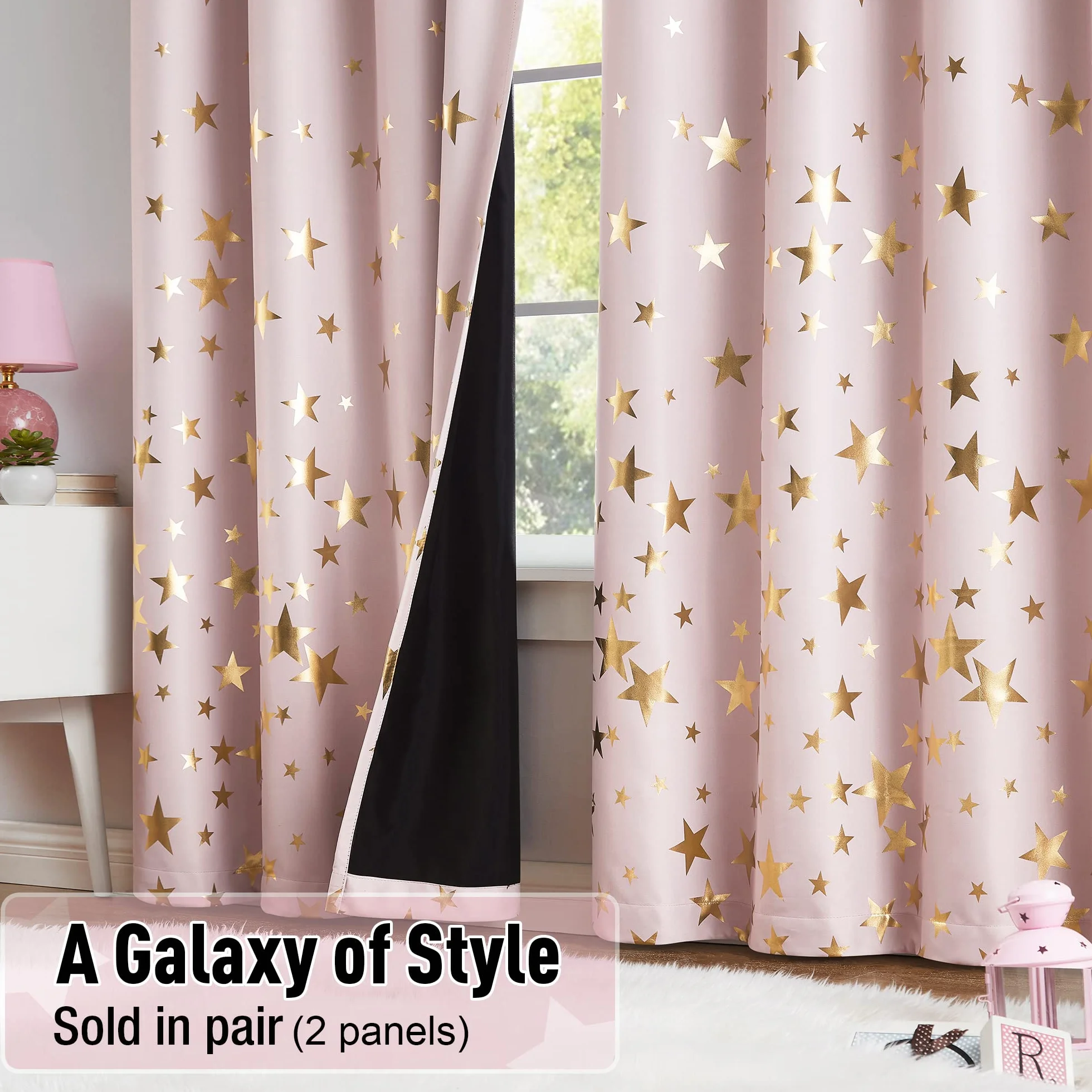 Lot de 2 rideaux occultants à œillets 229 cm Rose Motifs d'étoiles dorées