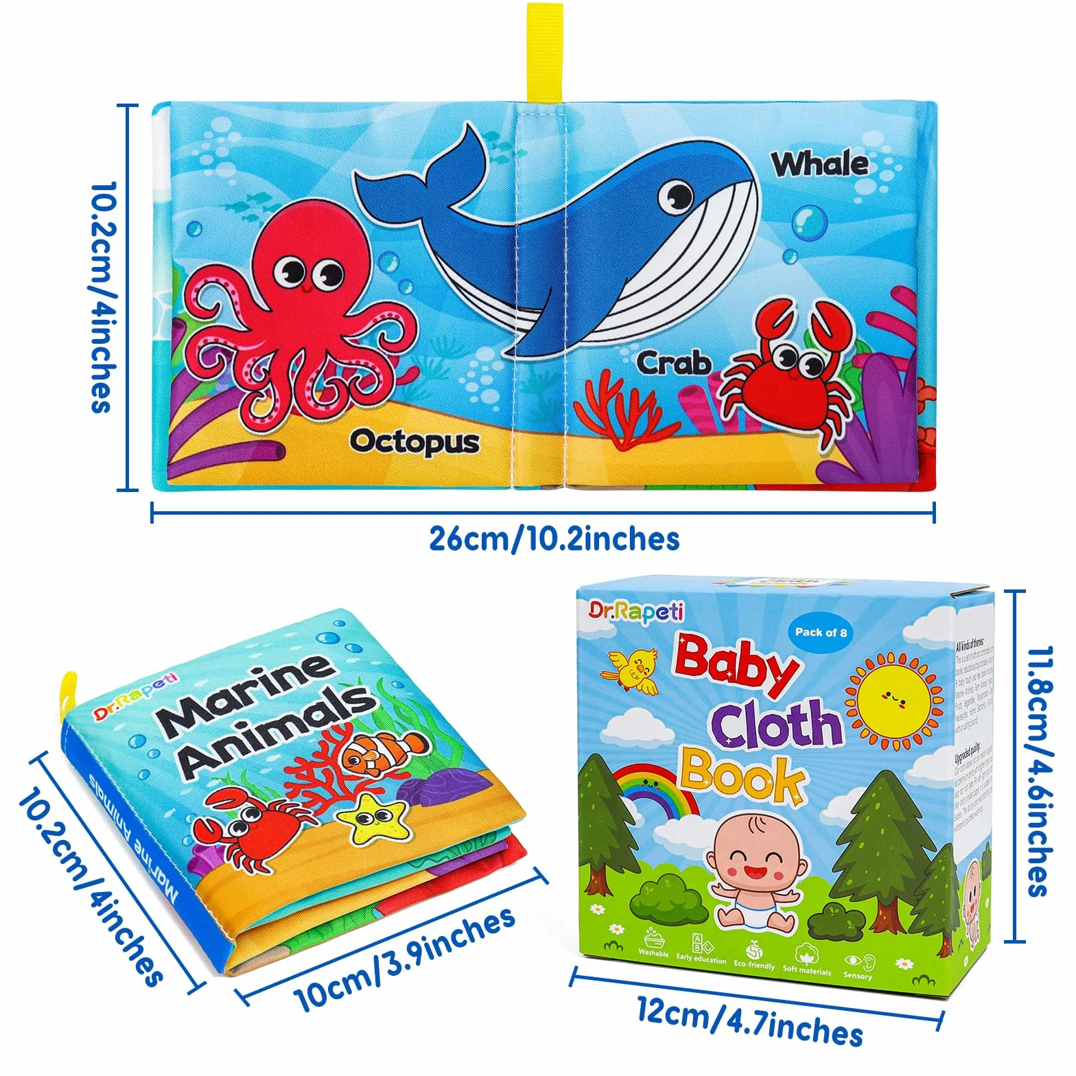 Dr.Rapeti Lot de 8 Livre Bebe en Tissu Doux, Jouet Educatif Sonore en Anglais