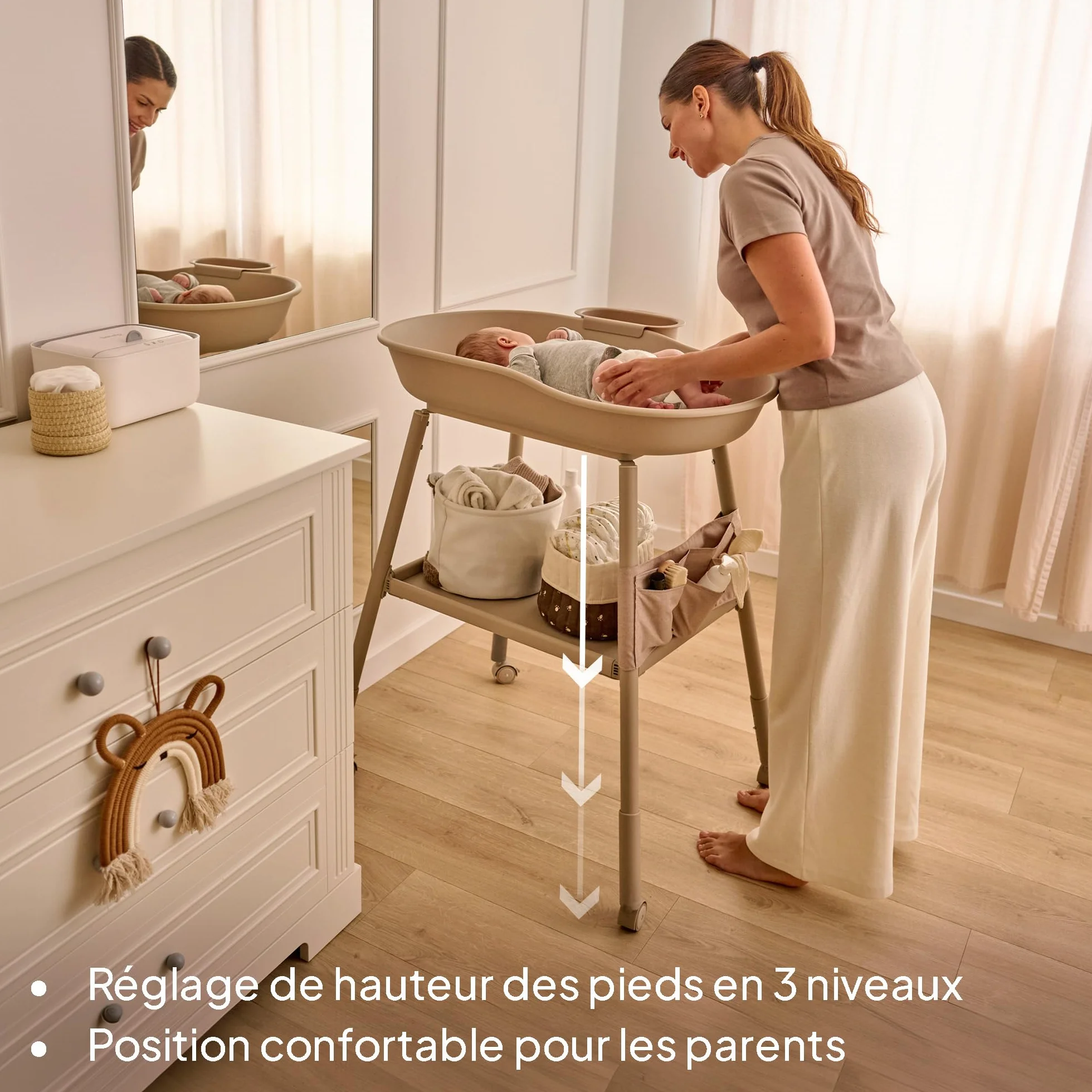 LIONELO Rosie table à langer bébé mobile sur roulettes matelas imperméable hauteur réglable rangements
