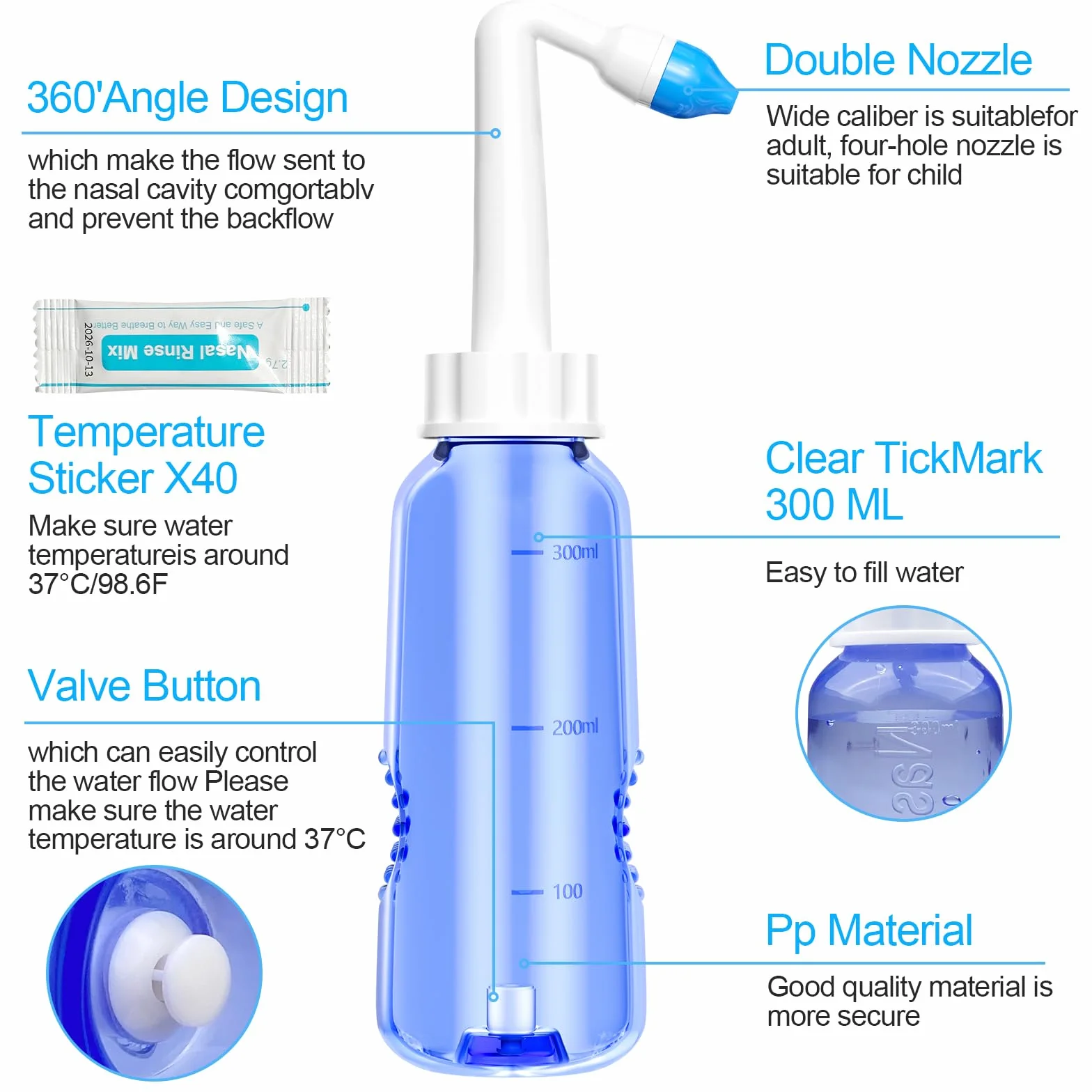 Lavage Nez 300ml Seringue Nasale Adulte avec Sachets de Sel Nasal Kit Irrigation Nasale