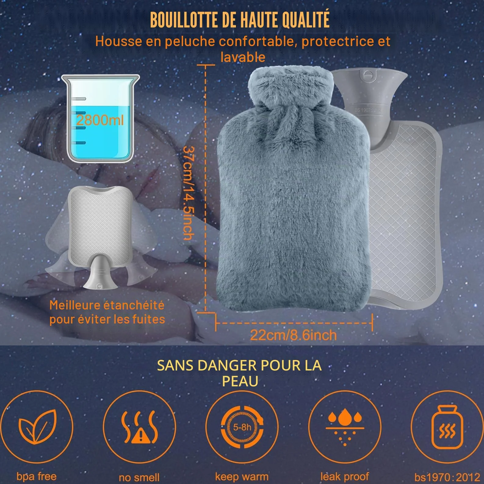 Bouillotte Eau Chaude 2L avec Housse en Peluche Antifuite Caoutchouc Amovible