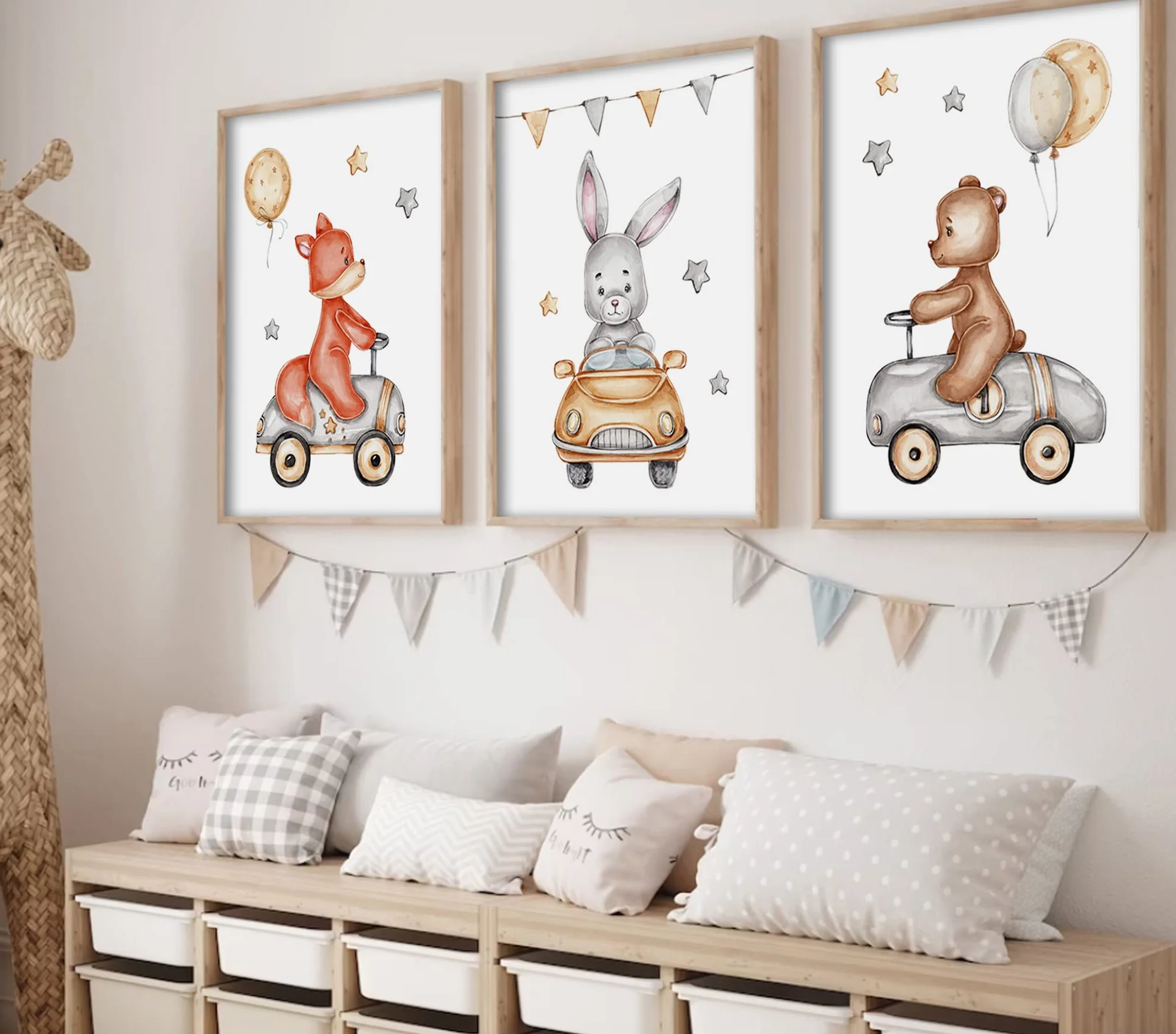 Affiche Decoration Murale Enfant 30x40 cm 3 Tableaux Poster Mural Animaux en Voiture