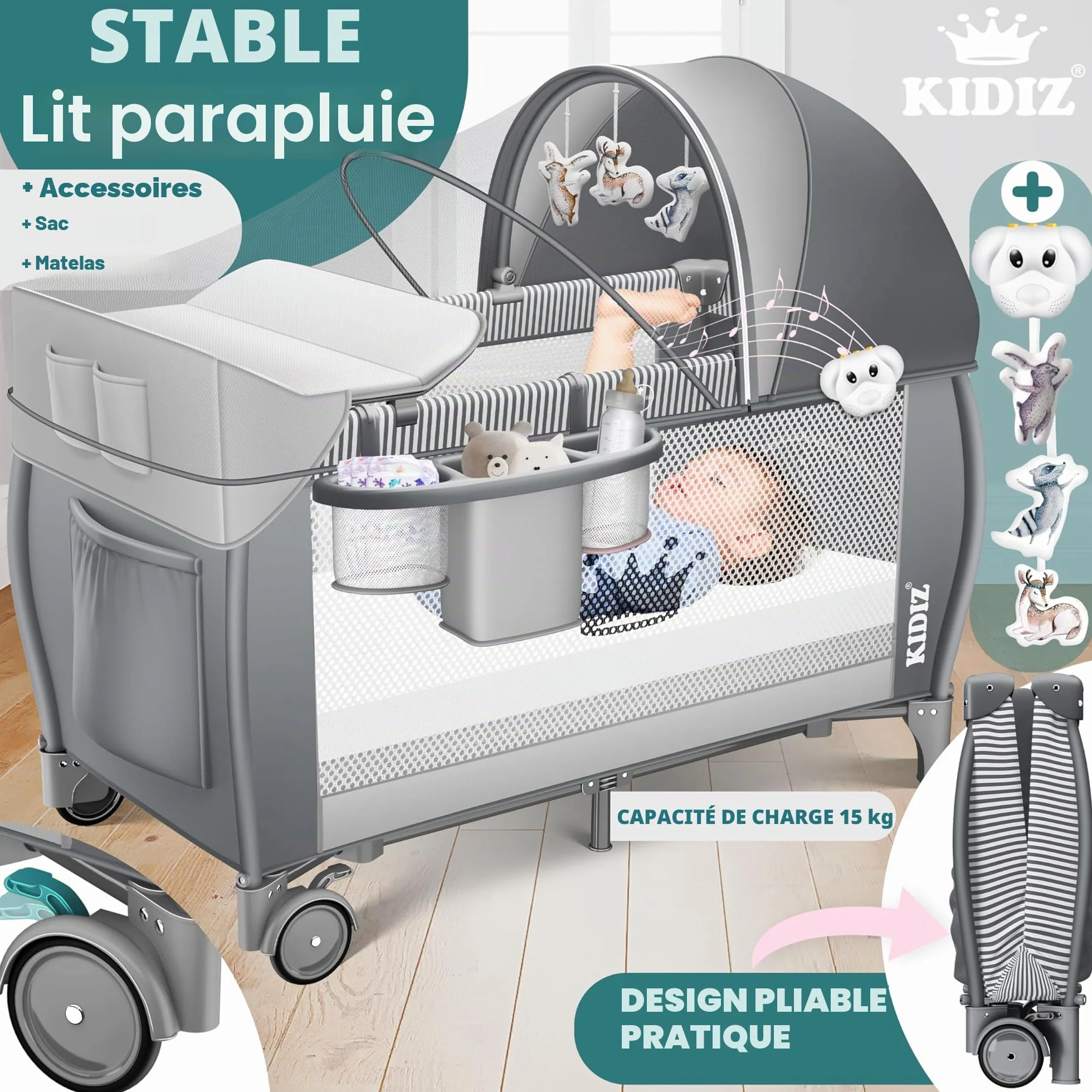 KIDIZ® Lit de Voyage 3 en 1 Parc Pliable avec Matelas à Langer, Moustiquaire, Gris de la Naissance à 15 kg