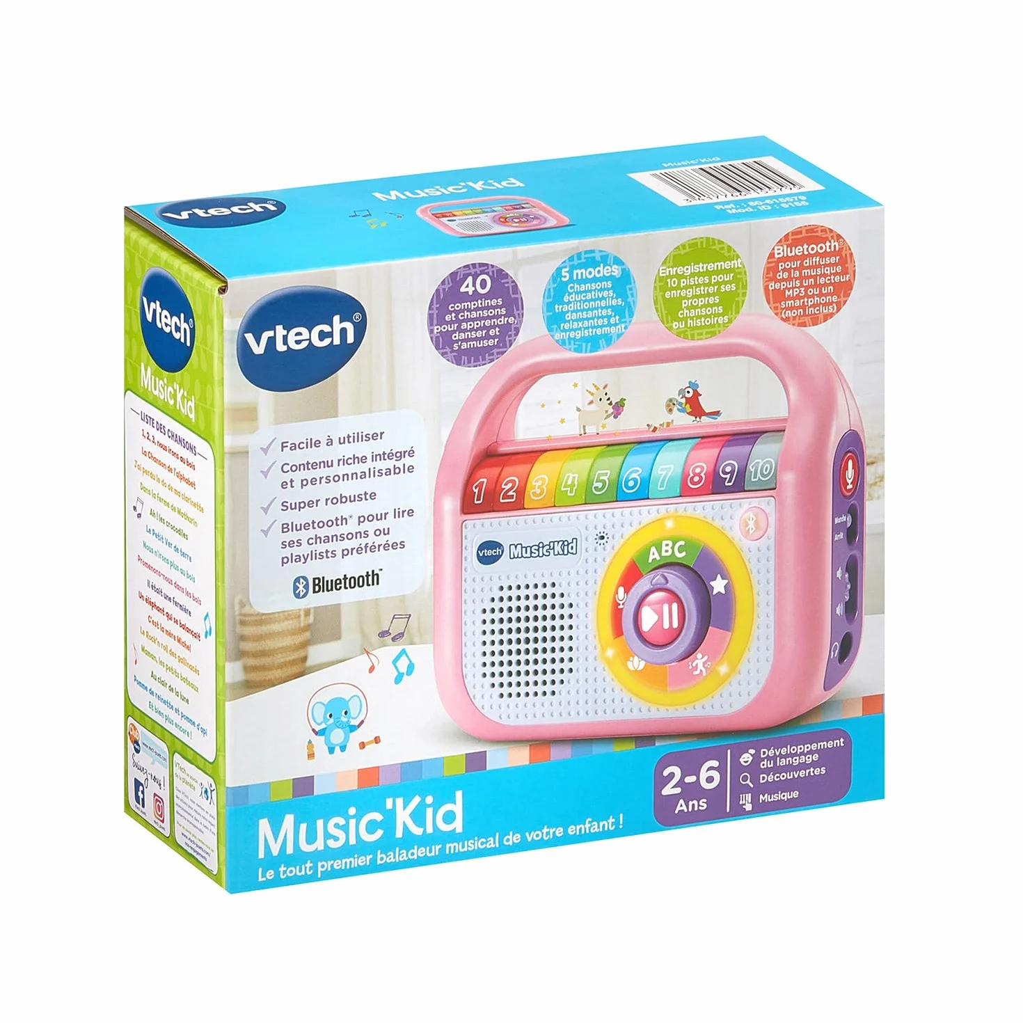 VTech Music'Kid Rose Baladeur Musical Enfant Enceinte Bluetooth Lumineuse Comptines Chansons Éducatives Enregistreur Vocal Cadeau 2 Ans Français