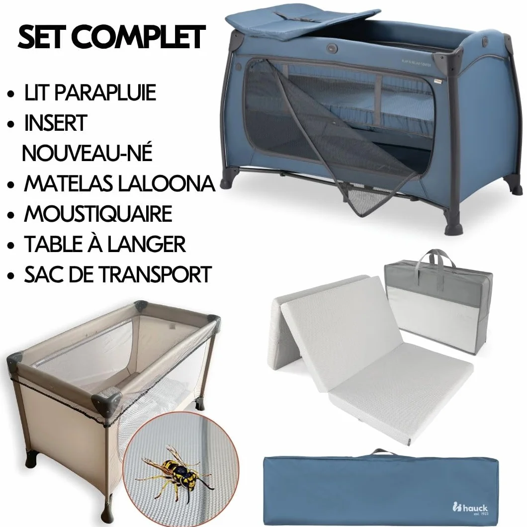 hauck Lit Parapluie Bébé avec Matelas Play N Relax Center - Lit Voyage Bébé Moustiquaire, Niveau Nouveau-Né, Table à Langer, Roues, Sac Transport, Bleu Foncé