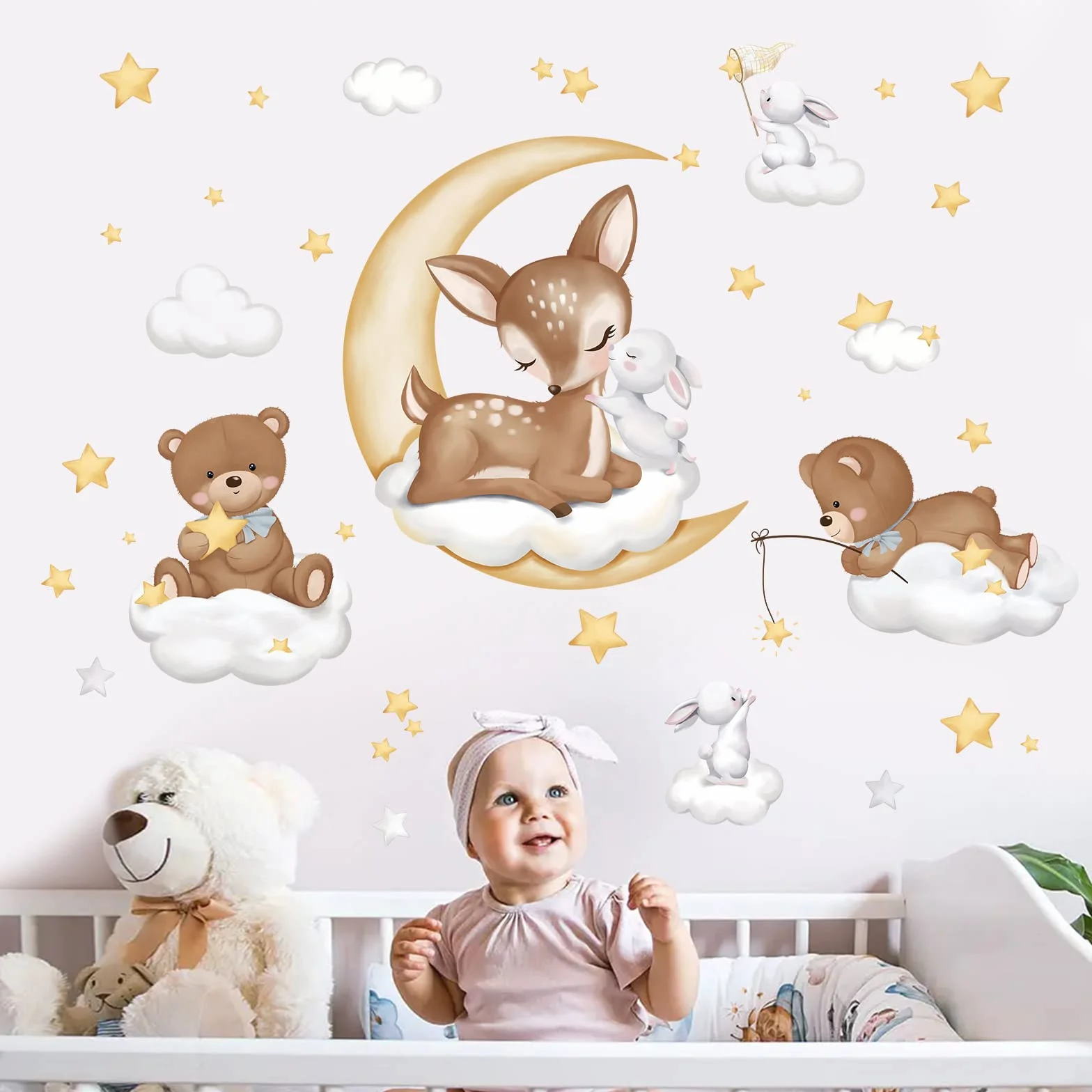 Wondever Autocollants Muraux Animaux Endormis Cerf Ours Lune Nuage pour Chambre Enfants