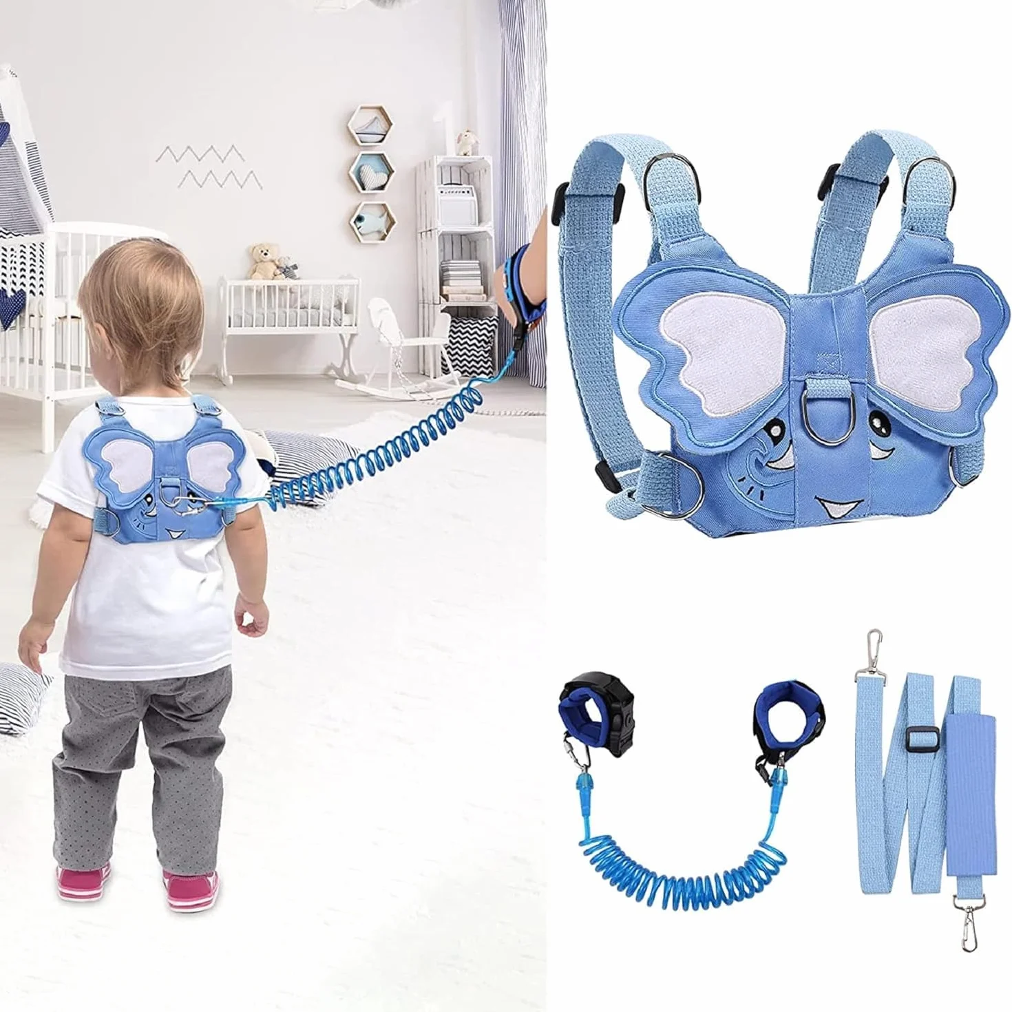 Laisse 3 en 1 pour enfant Anti-perte Harnais de course avec poignet de sécurité Motif éléphant