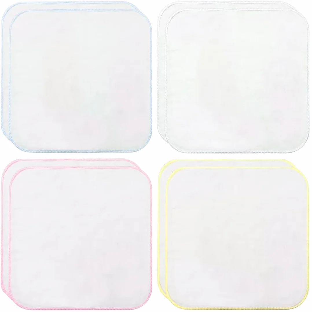Lingette Bebe Gants Toilette Flanelle Coton Bio Lavables Standard - 8X Blanc Rose Bleu Jaune