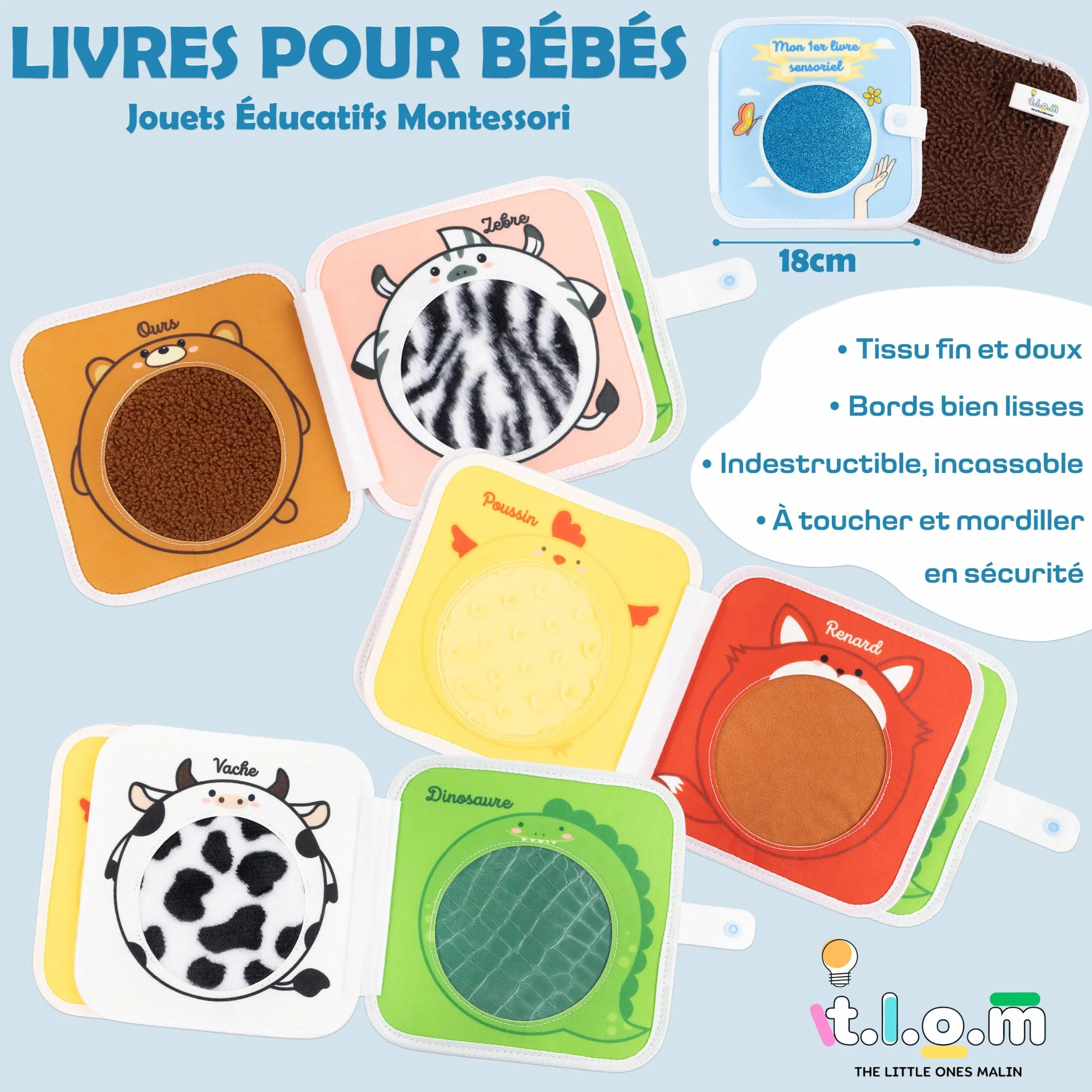 The Little Ones Malin I Livre sensoriel d'éveil Montessori motricité fine français bébé 1-3 ans busy board animaux textures pages couleurs