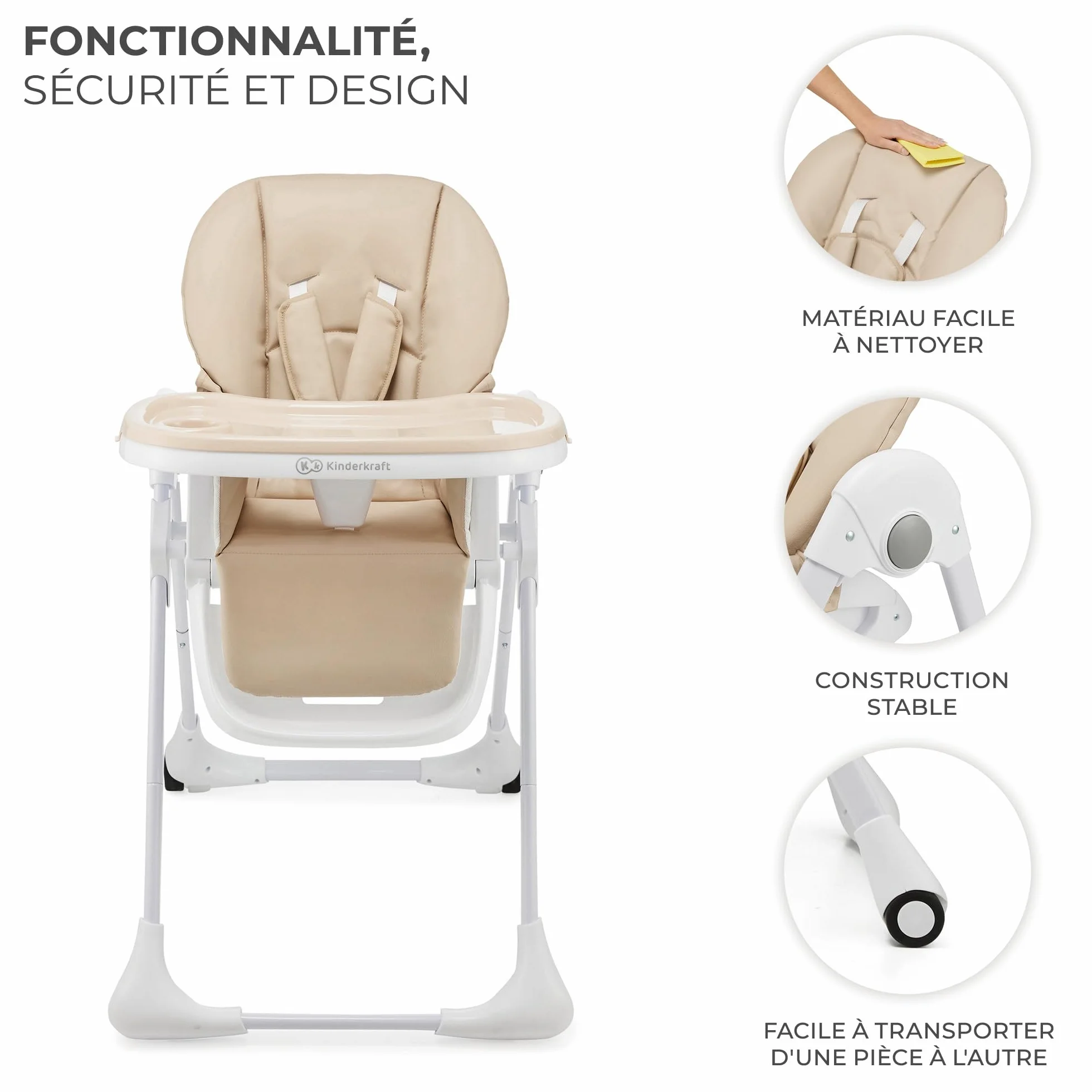 Kinderkraft TUMMIE Chaise Haute 2 en 1 Ergonomique Pliable avec Hauteur Réglable Beige