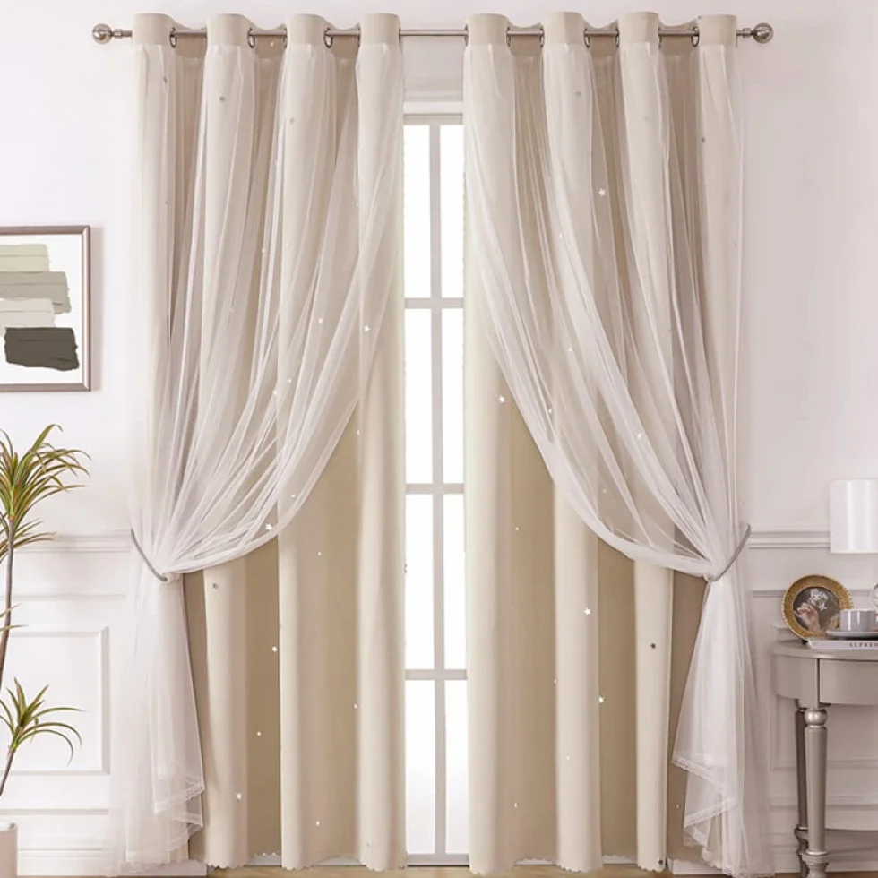 Freyamy Rideau Occultant Étoile Creux Thermique Isolant Anti Froid Oeillets Léger Fenêtre 244x132cm Beige 2 Pièces