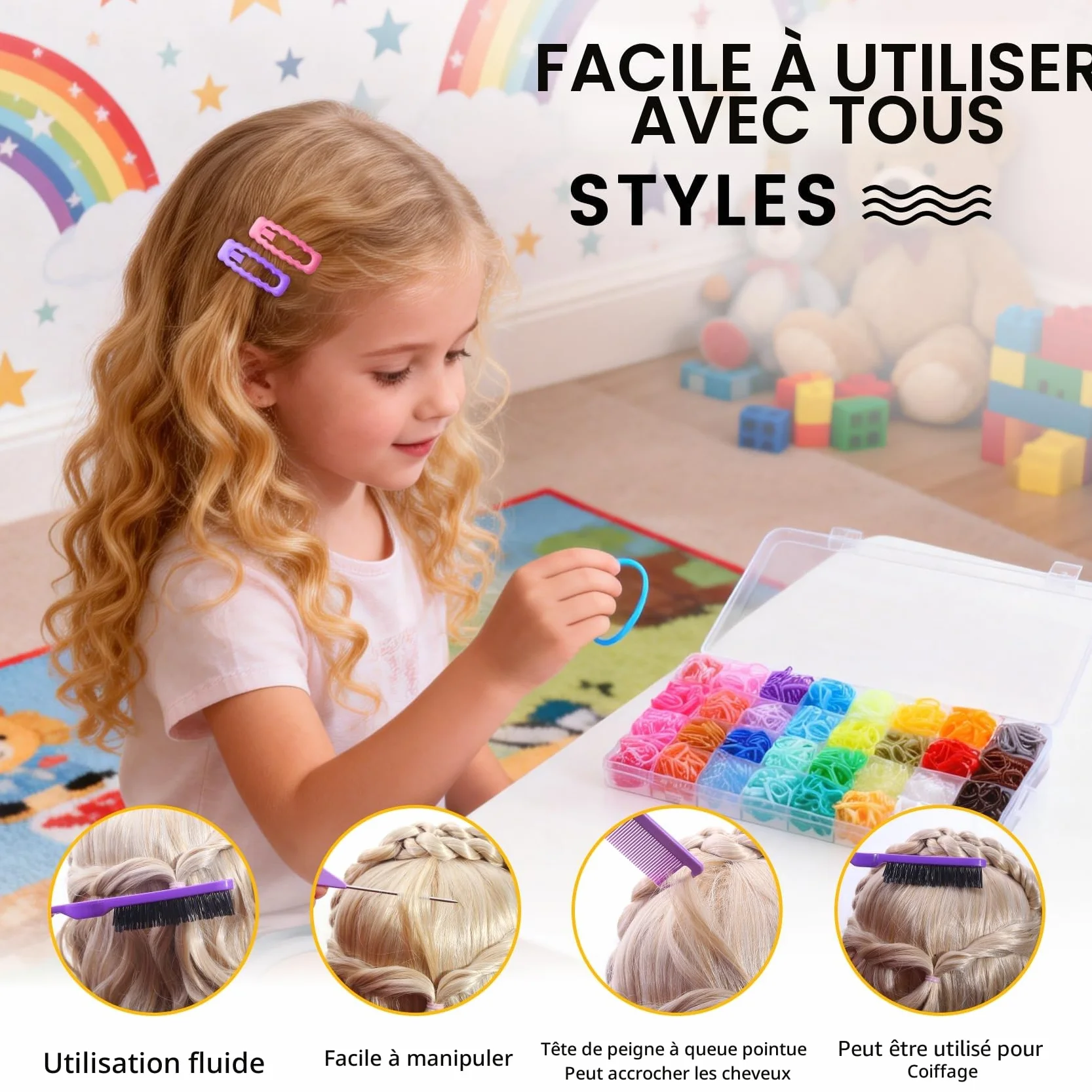Mini élastiques pour cheveux 32 couleurs – Set coiffage 2000 pièces avec coupeur