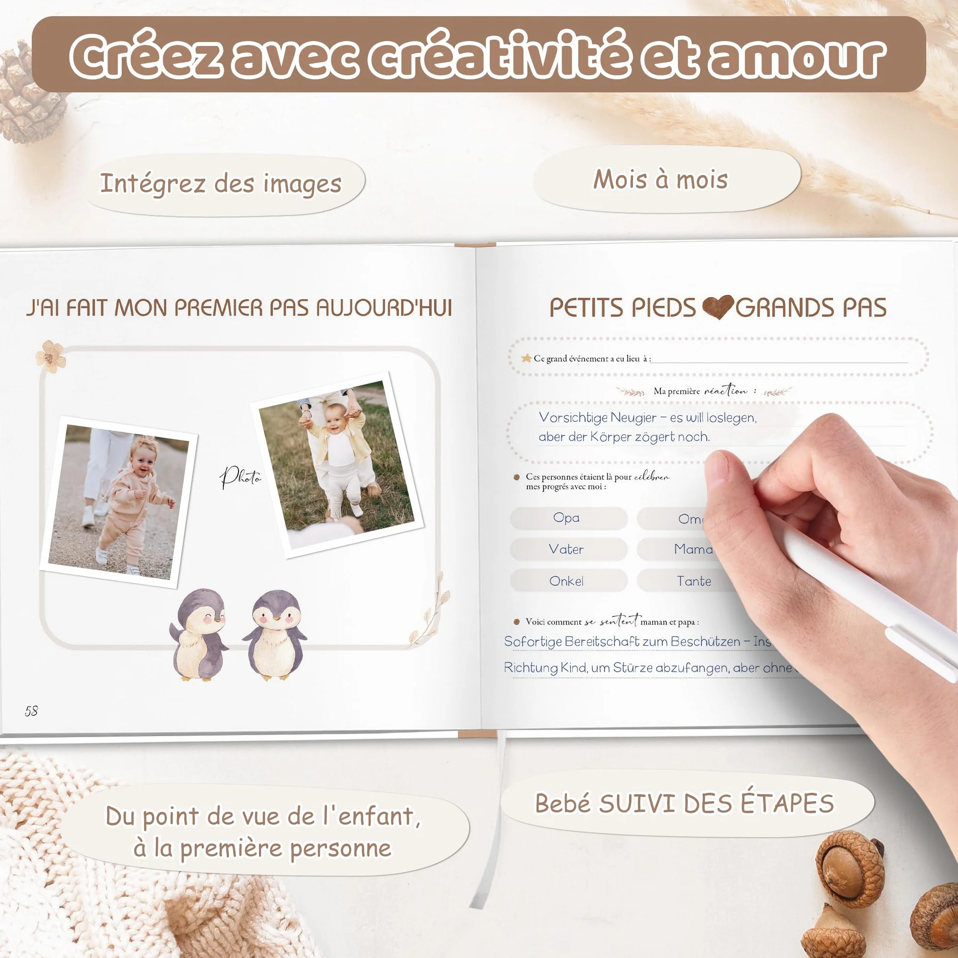 Hyggartn Livre de Naissance Album Photo Bébé 84 Pages Autocollants Journal Photos Textes Cadeau Baptême Fille Garçon