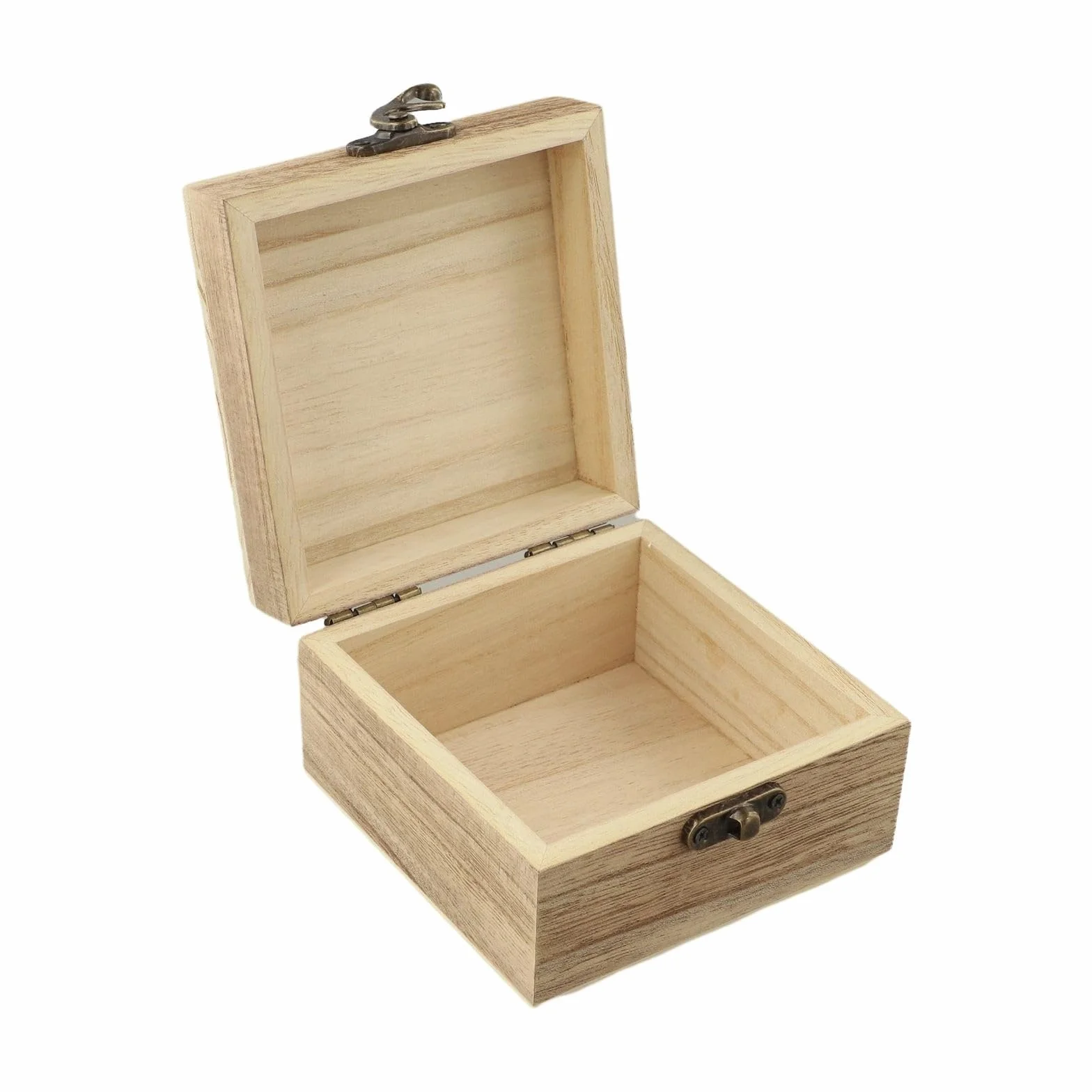 Boîte de rangement vintage en bois de paulownia carrée avec serrure métal 10x10x6 cm