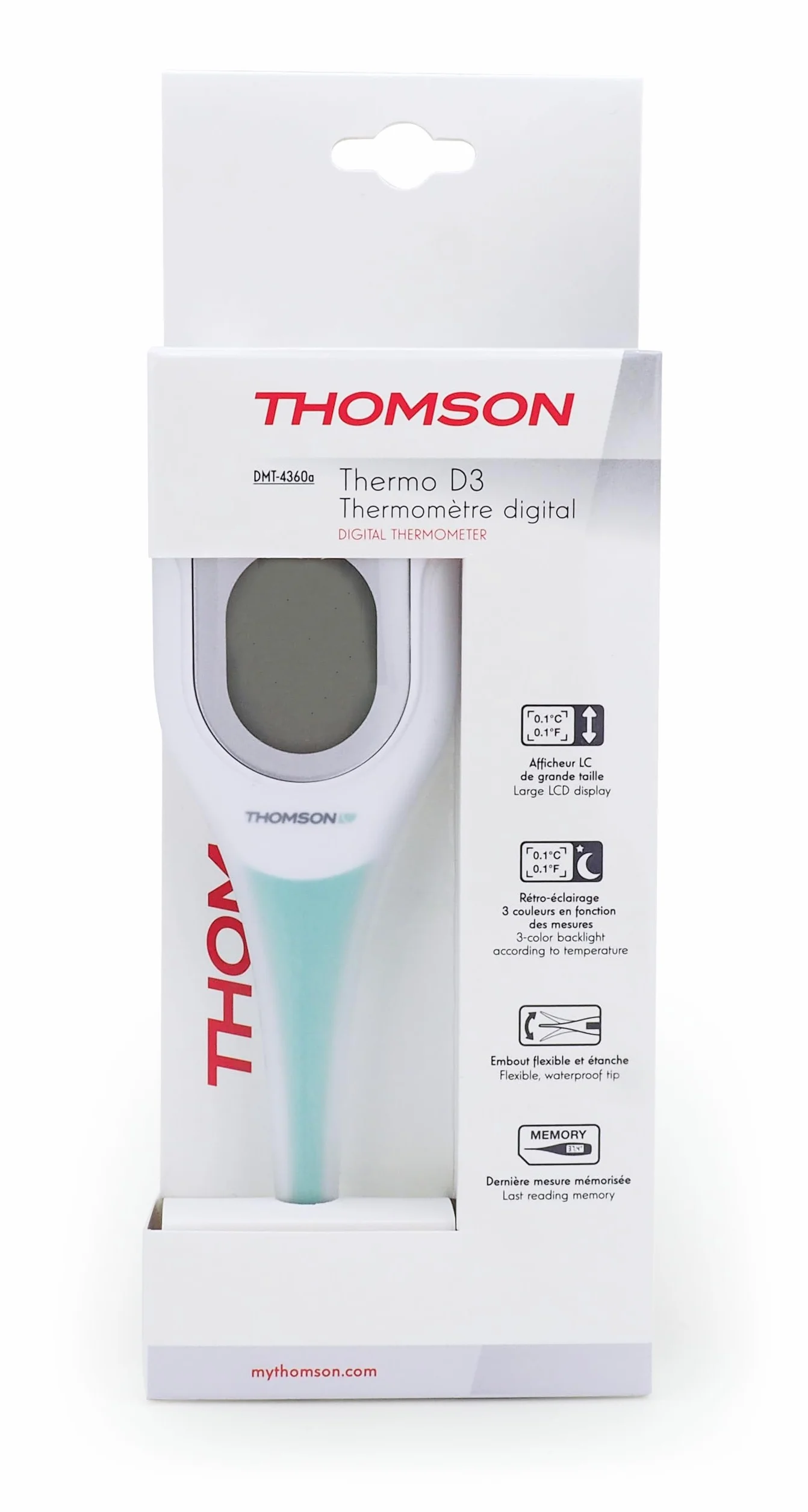 THOMSON Thermo D3 Thermomètre Digital Haute Précision Mesure Rapide <10s Écran LCD Rétroéclairé 3 Couleurs Mémoire Usage Oral Axillaire Rectal Étanche IP27