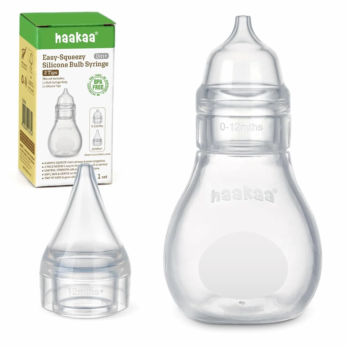 Haakaa Aspirateur Nasal Bébé Silicone Manuel Easy-Squeeze Nettoyeur Nez Nouveau-né Tout-petit 0M+ Transparent Embout Rechange