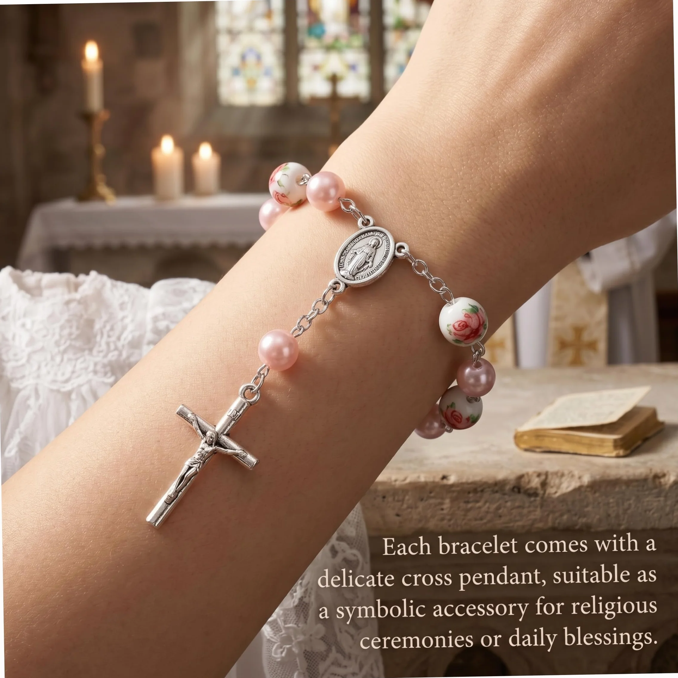 Chapelet de baptême 50 pièces perles fleurs céramique pendentif croix 2 pouces