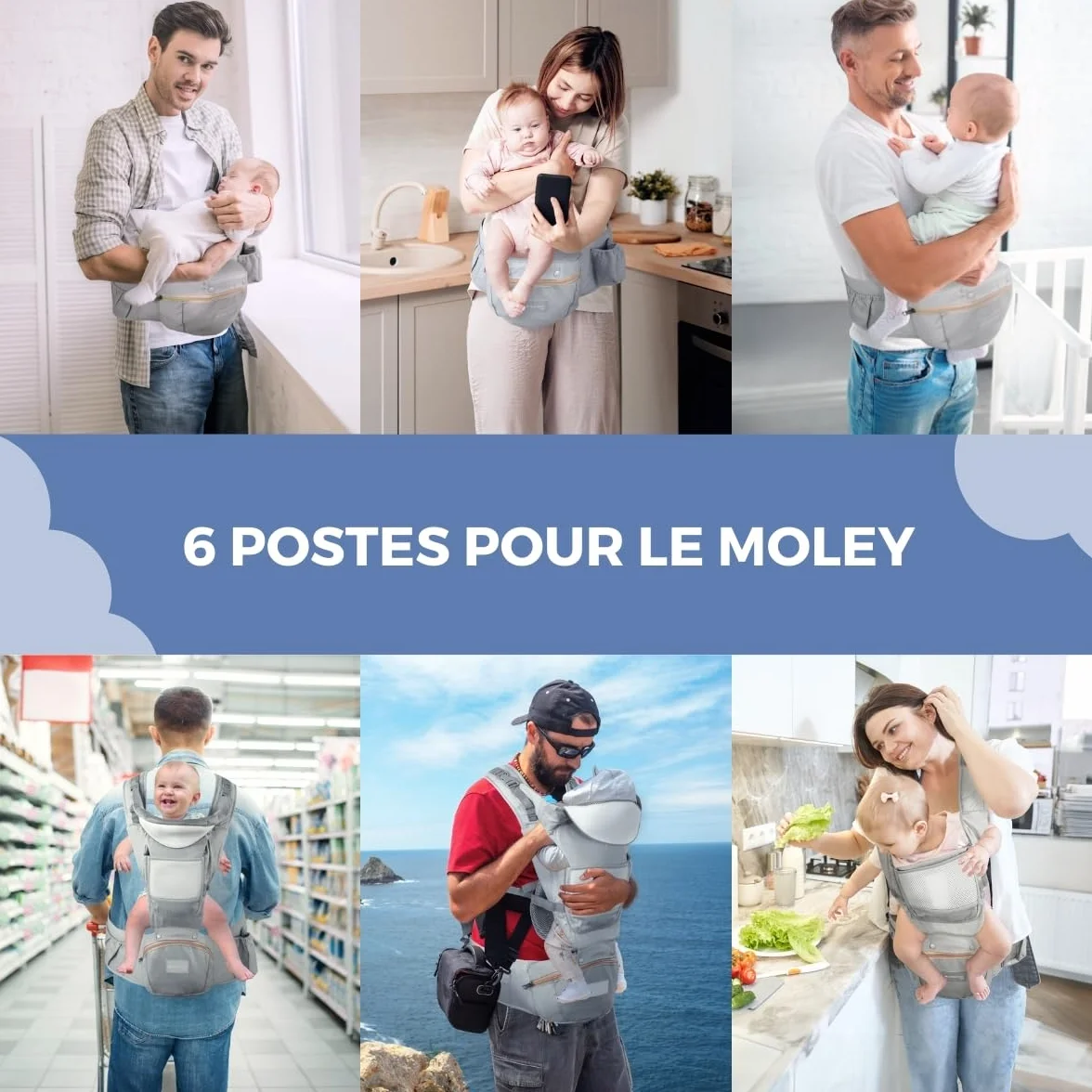 Porte-bébé Mobiclinic 6 en 1 Moley Multiposition Pliable 0-36 mois Coton premium Gris