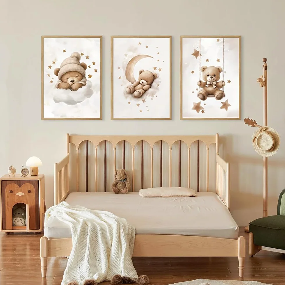 Affiche Ourson Chambre Bebe 30x40cm Poster Nounours Beige Tableau Decoration Murale Enfant Garcon Toile sans Cadre