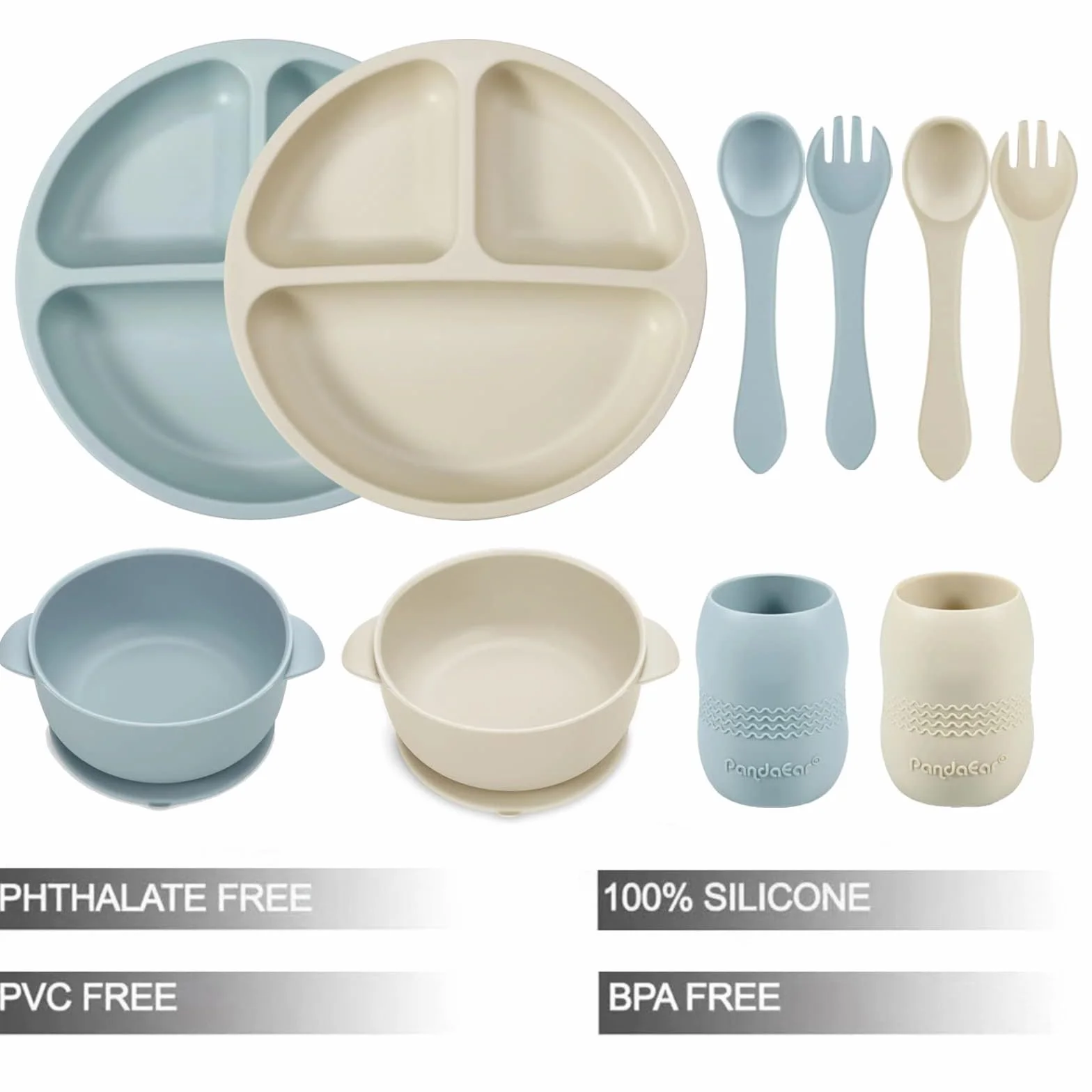 PandaEar Ensemble Repas Bébé Silicone - 2 Assiettes 2 Bols 2 Gobelets 2 Cuillères 2 Fourchettes Bleu Blanc