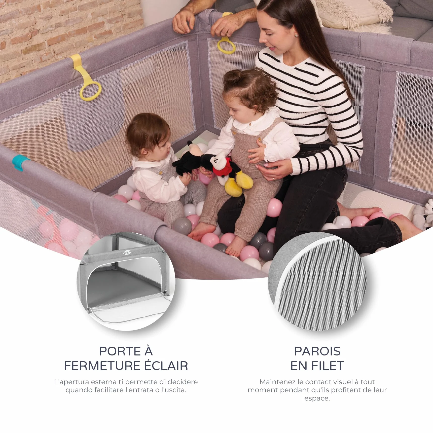 Parc de jeux OXFORD XXL 200x180 pliable pour bébé avec ouvertures zippées et fenêtres en filet