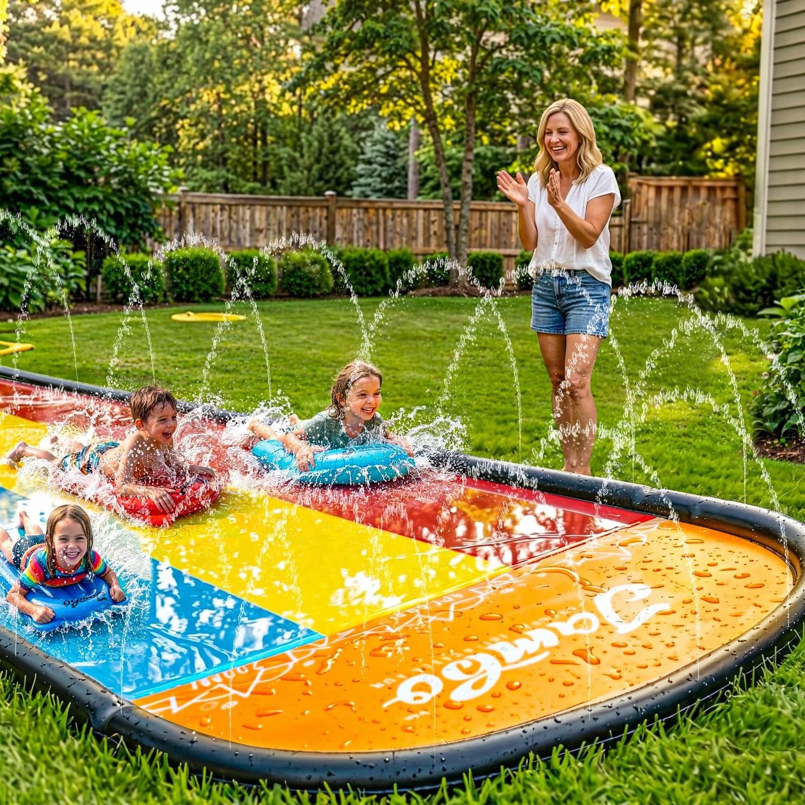 JAMBO Ventriglisse Toboggan Aquatique 610 cm Tapis de Glisse Eau Enfant Triple Piste avec 3 Bodyboards