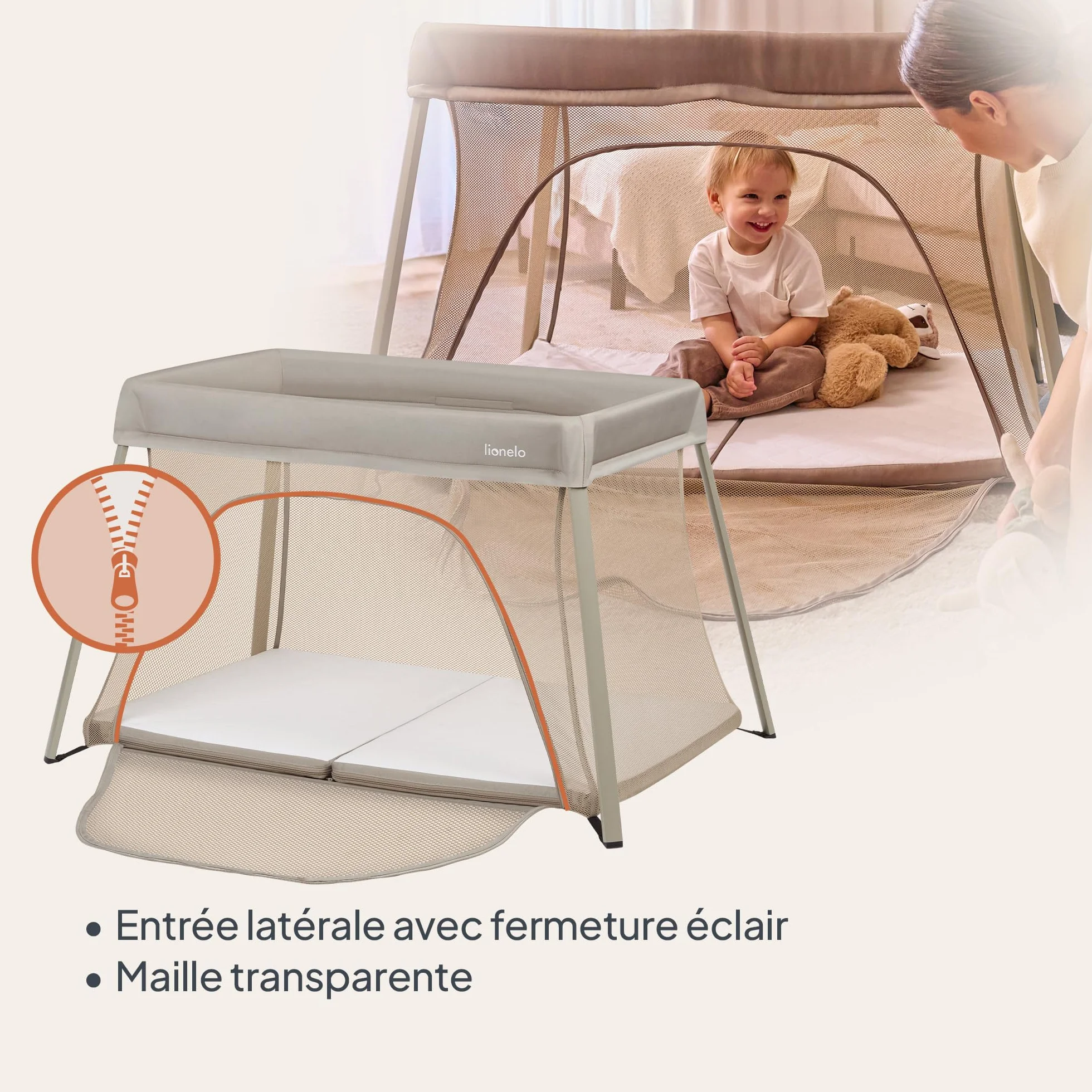 Lionelo Lit de Voyage Bébé Parc Enfant 3en1 Alice 0-15 kg Matelas Mousse 2 Niveaux Hauteur Pliable Léger Entrée Latérale Sac Voyage Beige