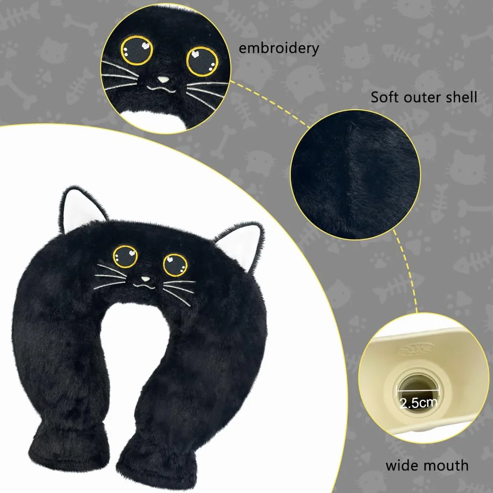 Bouillotte Eau Chaude 1 L avec Housse Douce, Coussin Chauffant Cervical et Épaule Chat Noir