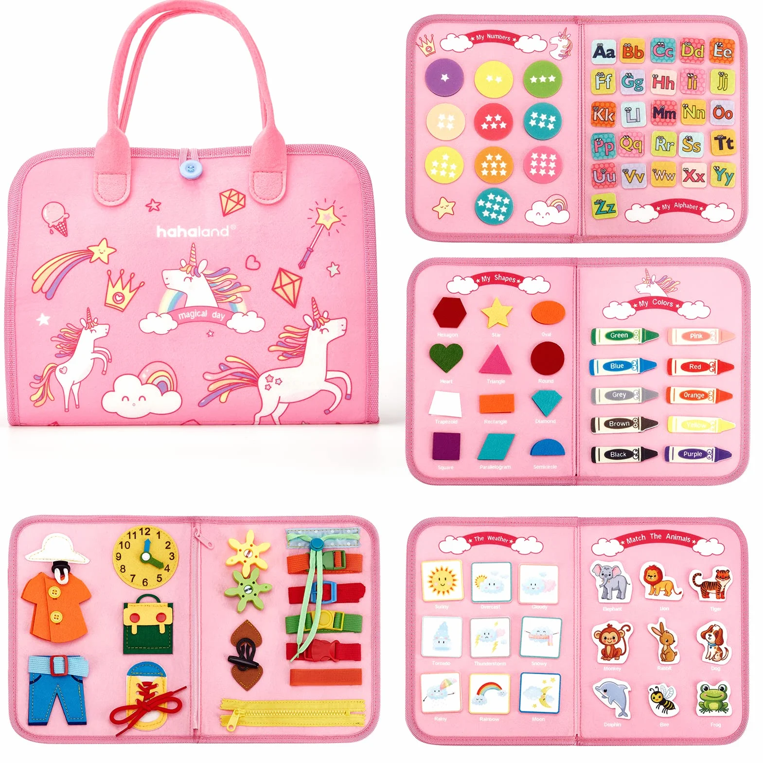 hahaland Busy Board Jouet Montessori 7 en 1 Licorne Jouet Éducatif 5 Couches Planche