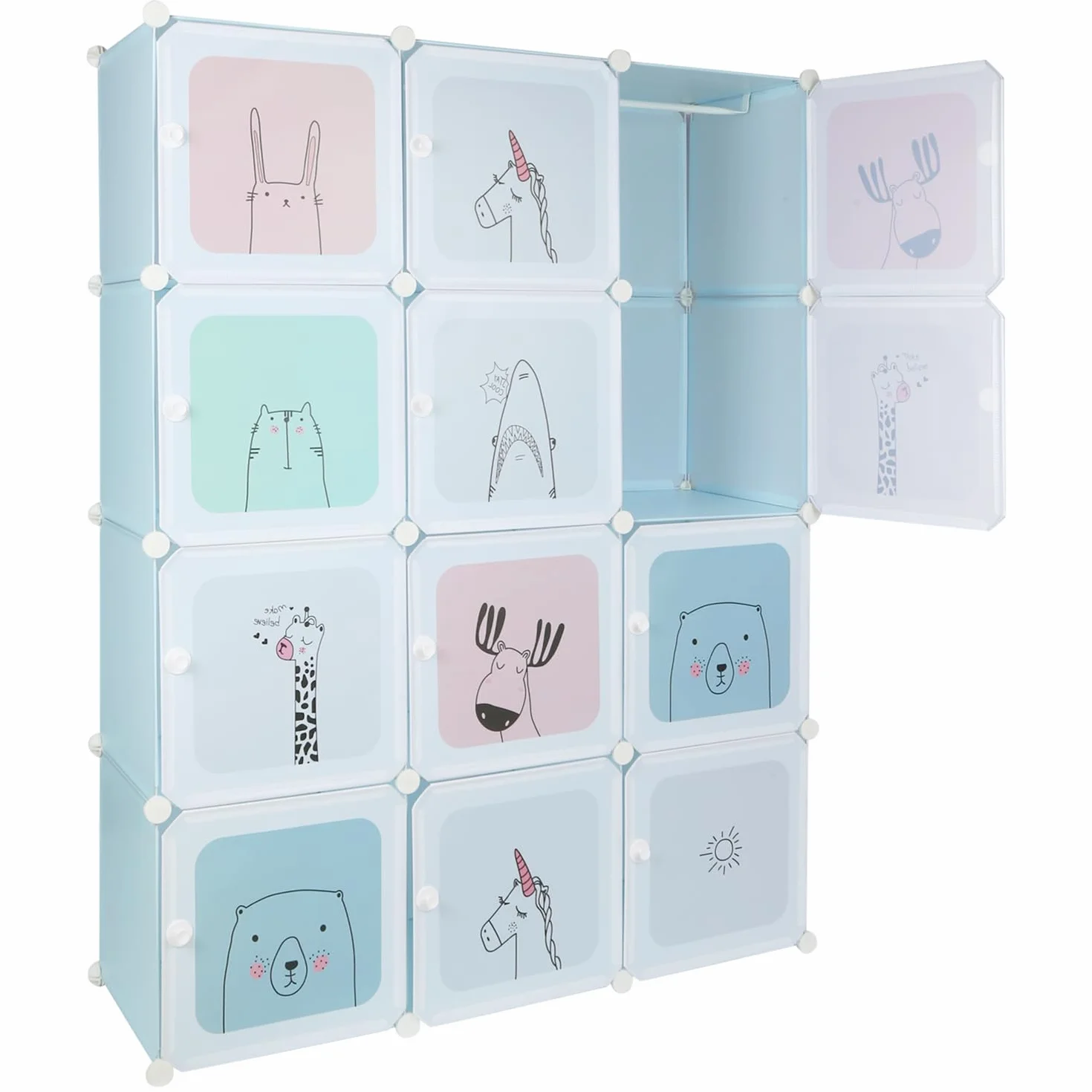 Armoire De Rangement Enfant 12 Cubes avec Portes, Meuble Cube pour Jouets, Vêtements, Chaussures Bleu 110x37x145cm