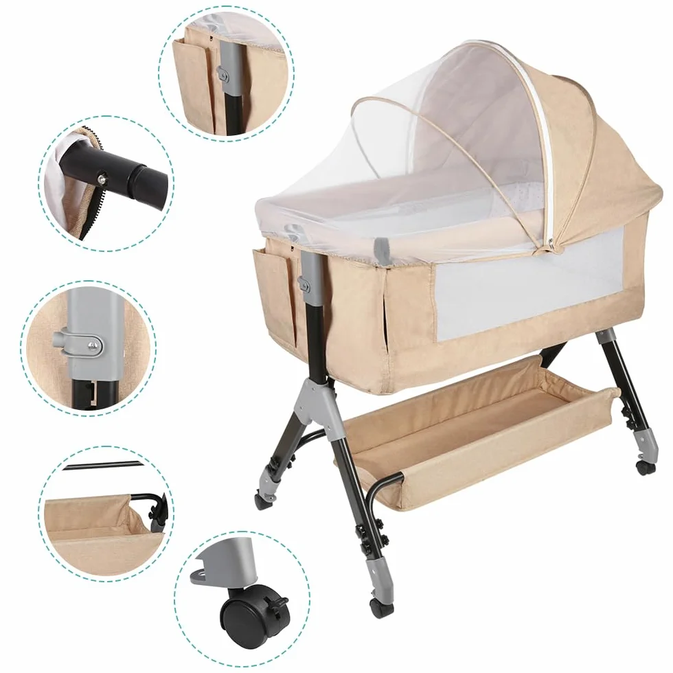 HUOLE Lit Cododo Bebe 4 Niveaux Couffin Dormir Securite Portable Plier Nouveau-ne 104x52x100-110 cm Blanc casse