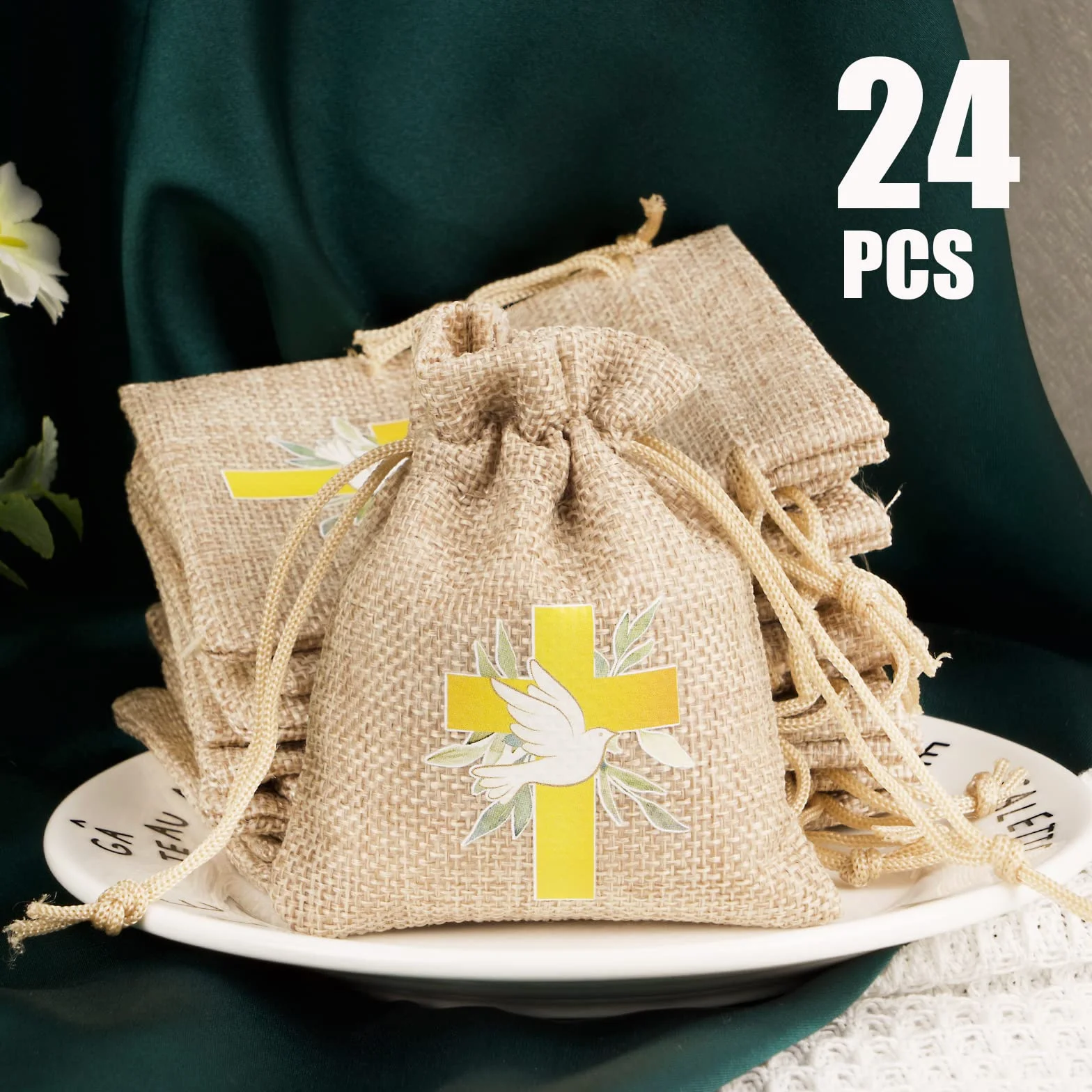 BETESSIN 24pcs Sachet Dragée Jute Pochette Communion Baptême 8x10cm Toile Chanvre Confirmation Sac Poche Bijoux Bonbon Chocolat Cadeau Perle Faveur Décoration Fête Communion