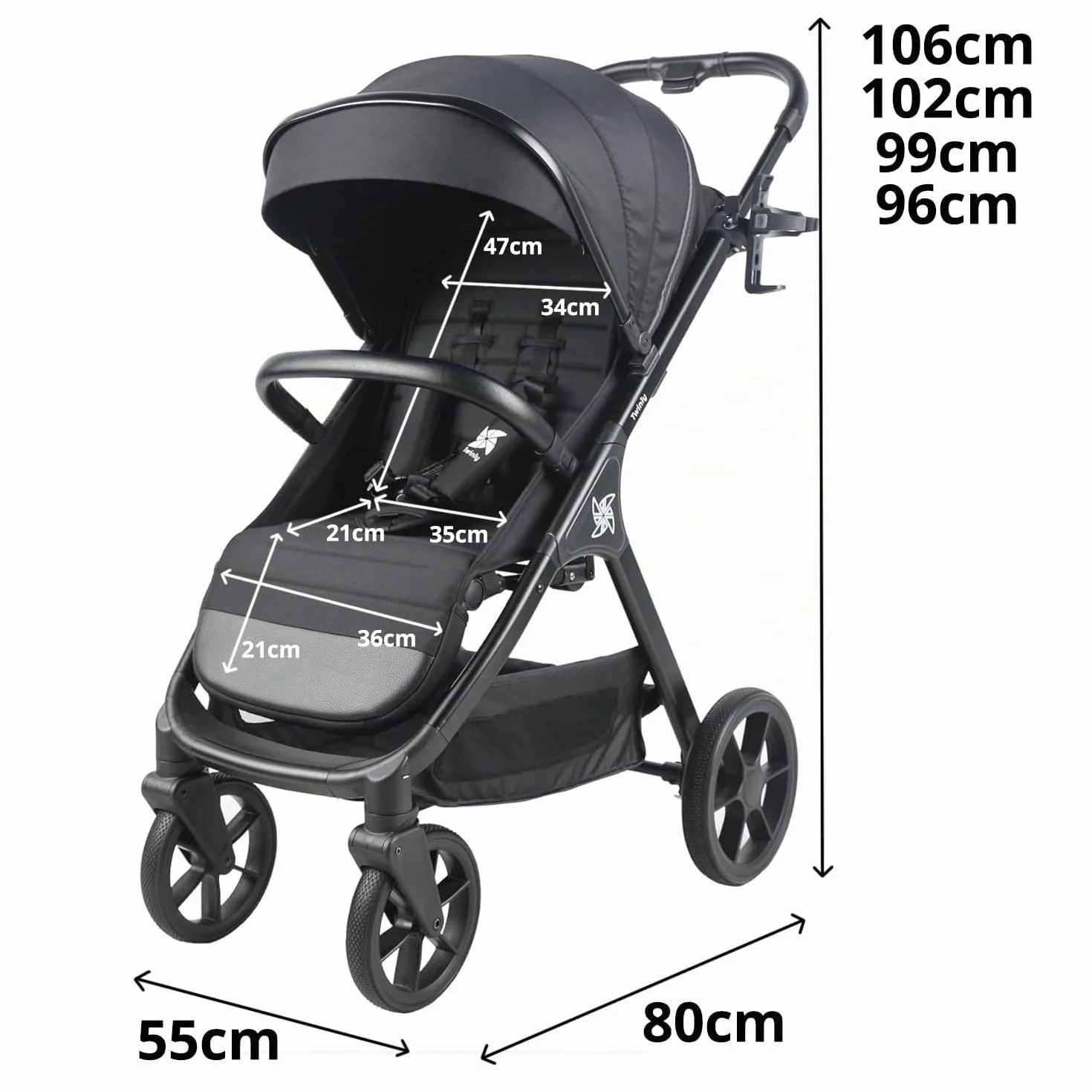 Poussette Canne Compacte et Légère jusqu'à 25kg Dès la Naissance Siège Large Capote XXL UPF-50 Pliage d'une Main Grandes Roues Noir