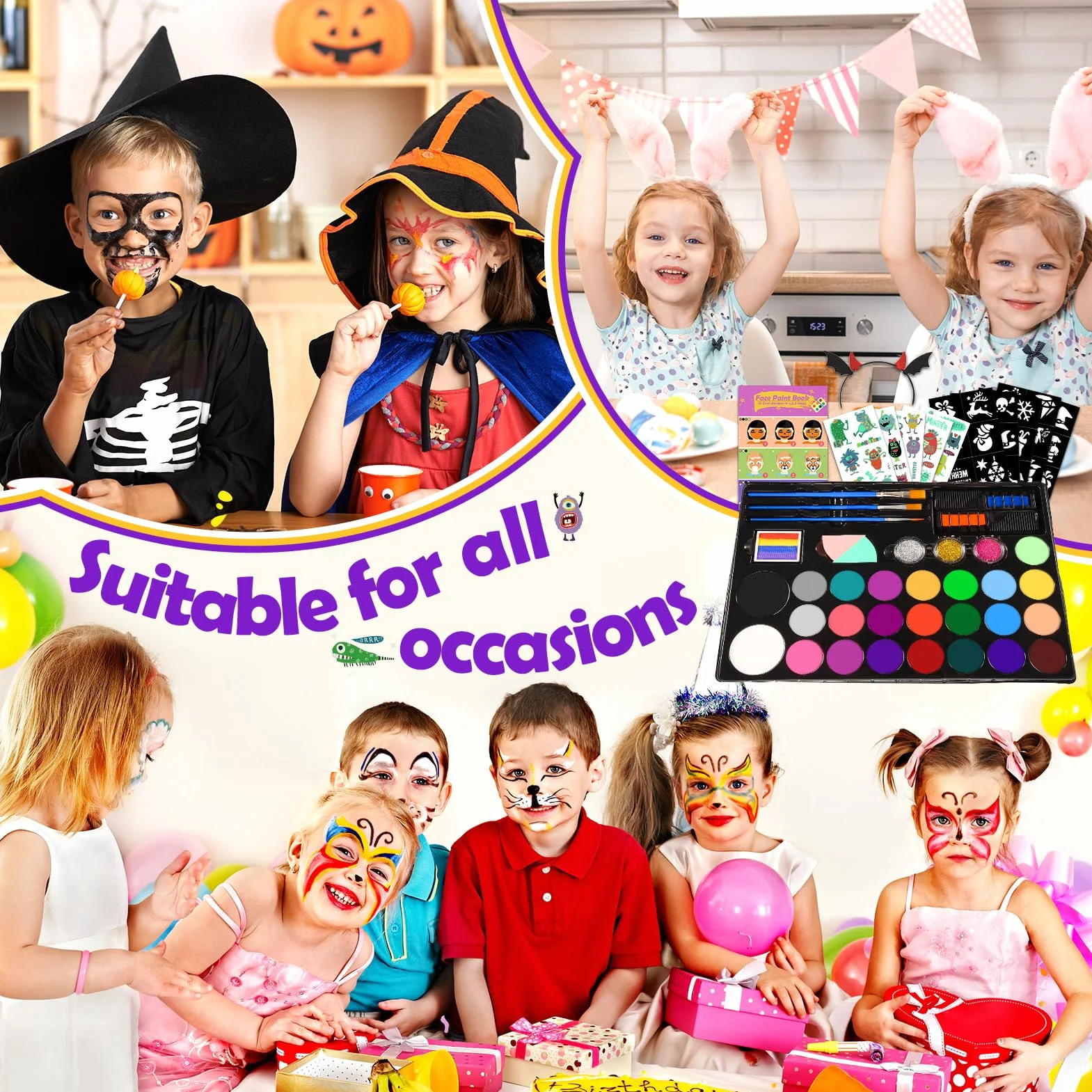 Peinture Visage Enfant 28 Couleurs Palette Maquillage Carnaval avec 3 Pinceaux 30 Pochoirs