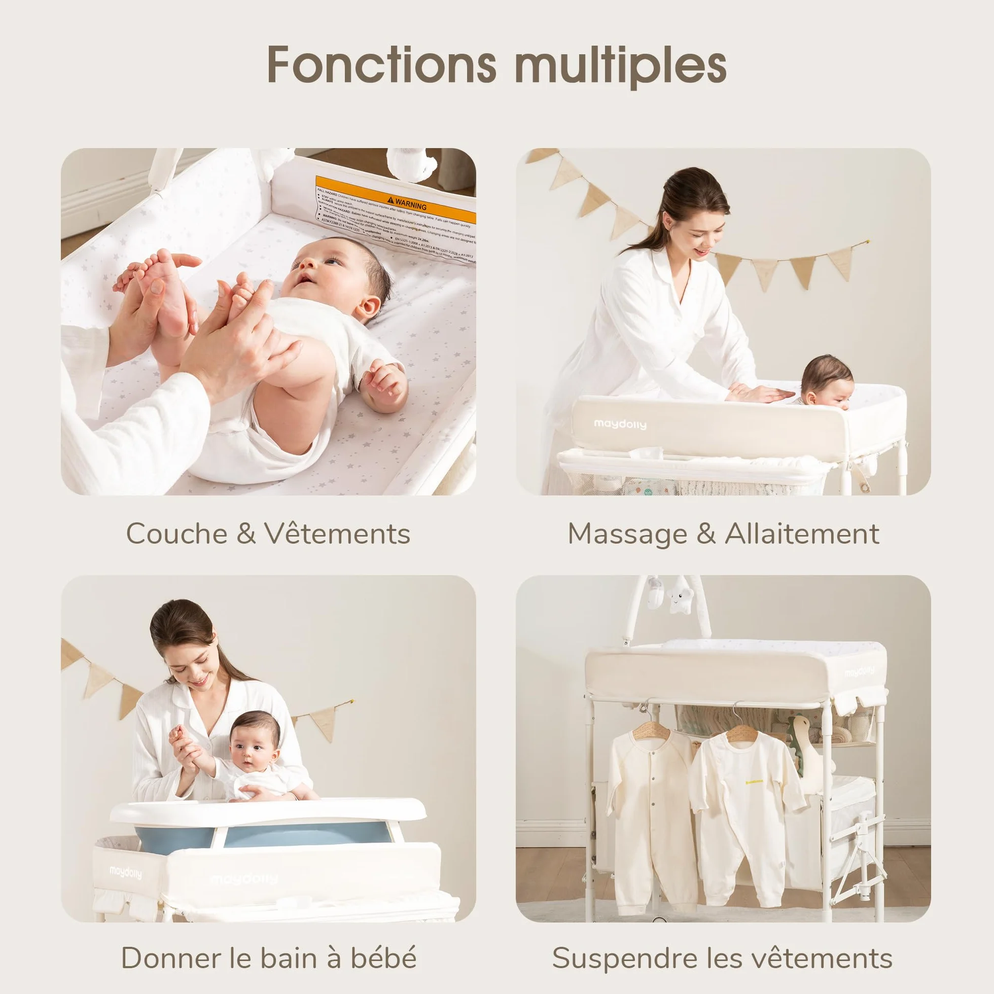 Maydolly Table à Langer Bébé Pliante Roulettes Hauteur Réglable Plan Mobile Matelas Imperméable Rangement Beige