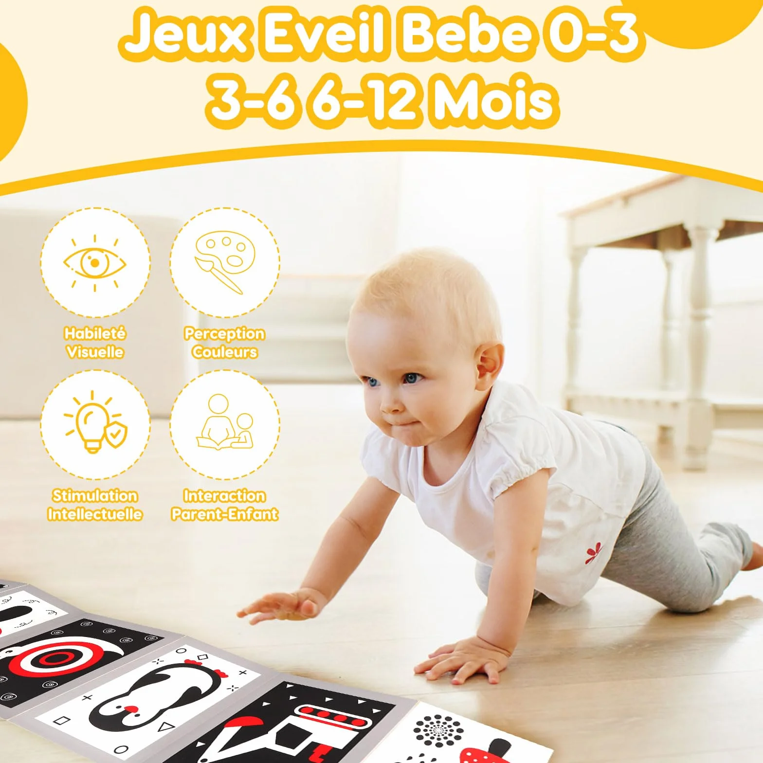 Livre Eveil Bebe 0-6 Mois Noir et Blanc Sensoriel avec Miroir Tummy Time, Carte Contraste Montessori Jeux d’eveil Jouet Cadeau Naissance
