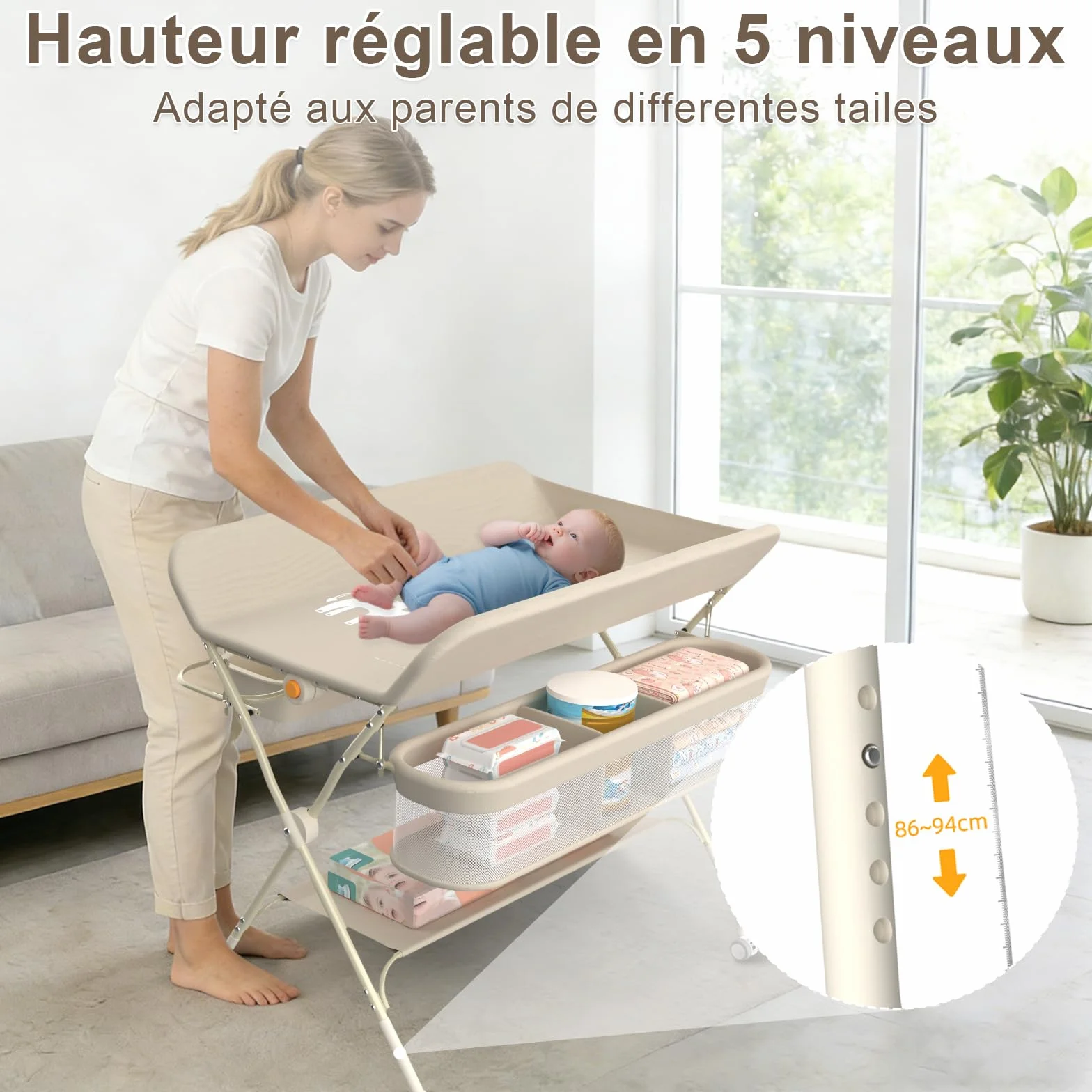 Supfine Table à Langer Pliable avec Panier Latéral, Réglable en Hauteur, Roulettes Verrouillables, Crème
