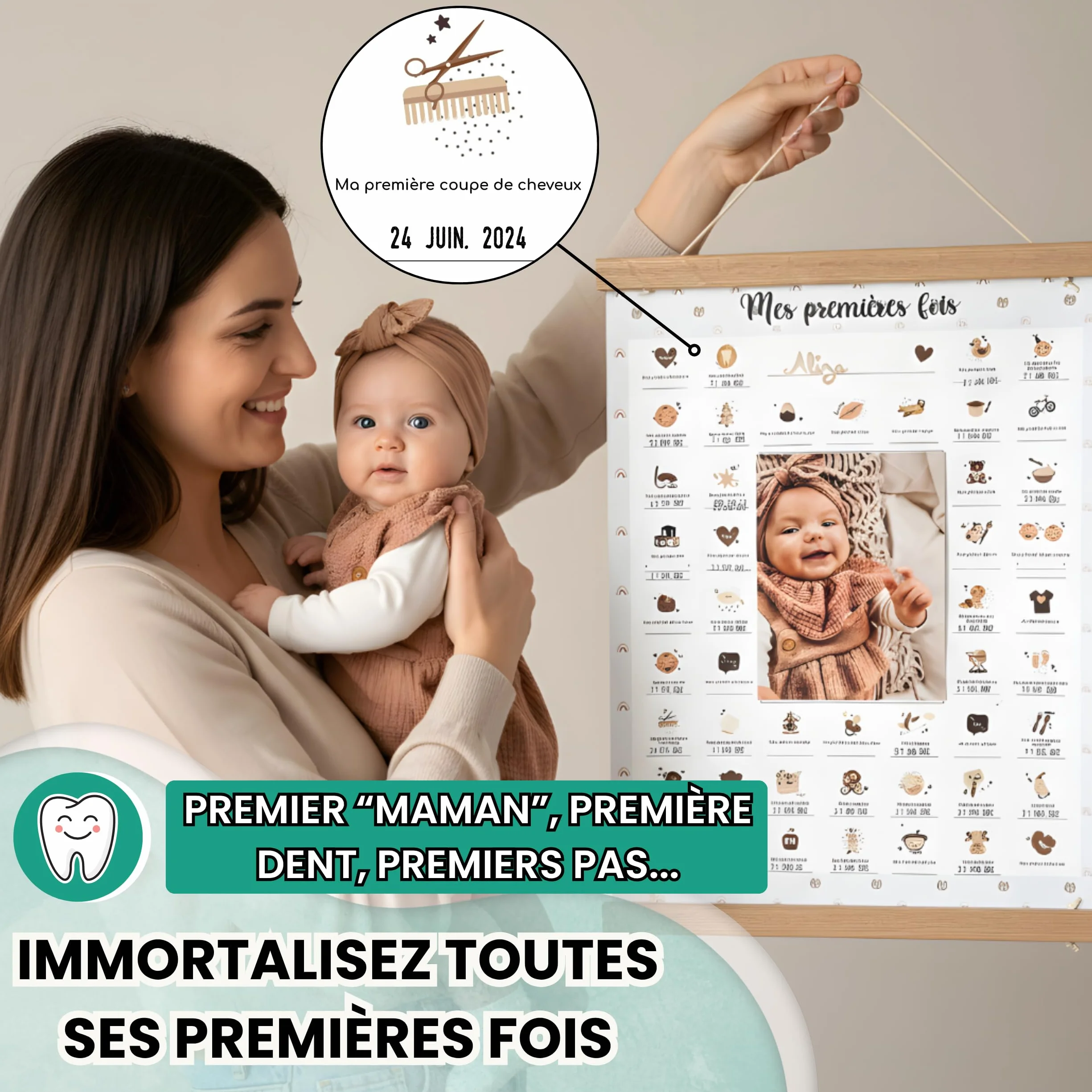 Keep'Love Affiche Mes Premières Fois à Tamponner, Cadeau de Naissance Bébé, Grand Format A3 (Modèle OURSON)
