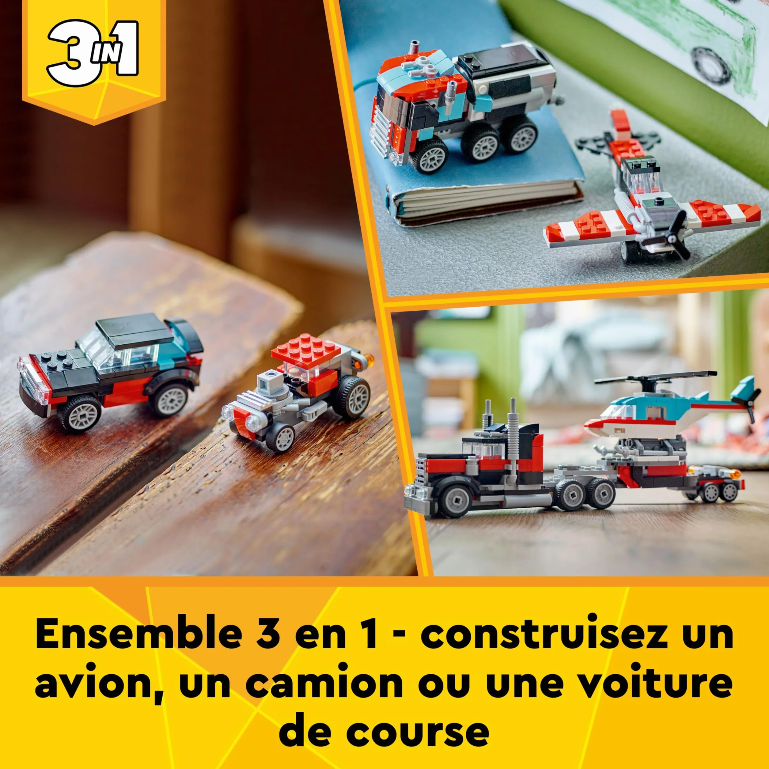 LEGO Creator 3in1 Flatbed Truck with Helicopter Toy to Propeller Plane and Fuel Lorry to Hot Rod and SUV Car Toys 31146 for 7 Plus Year Old Boys Girls