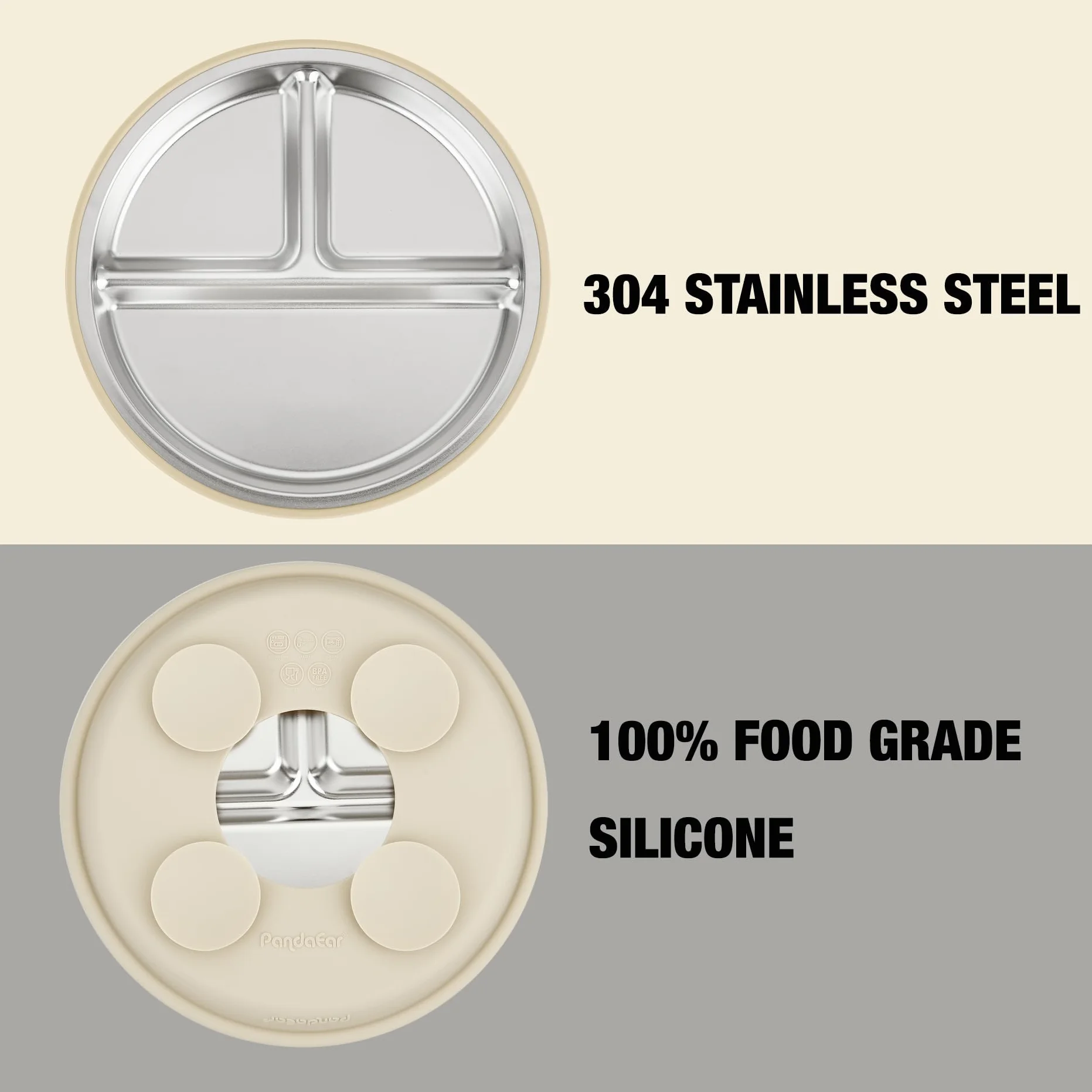 PandaEar Assiettes en Acier Inoxydable avec Suction pour Bébé, Lot de 3, Assiette Divisée pour Enfants, Set de Repas Antidérapant (Bleu)
