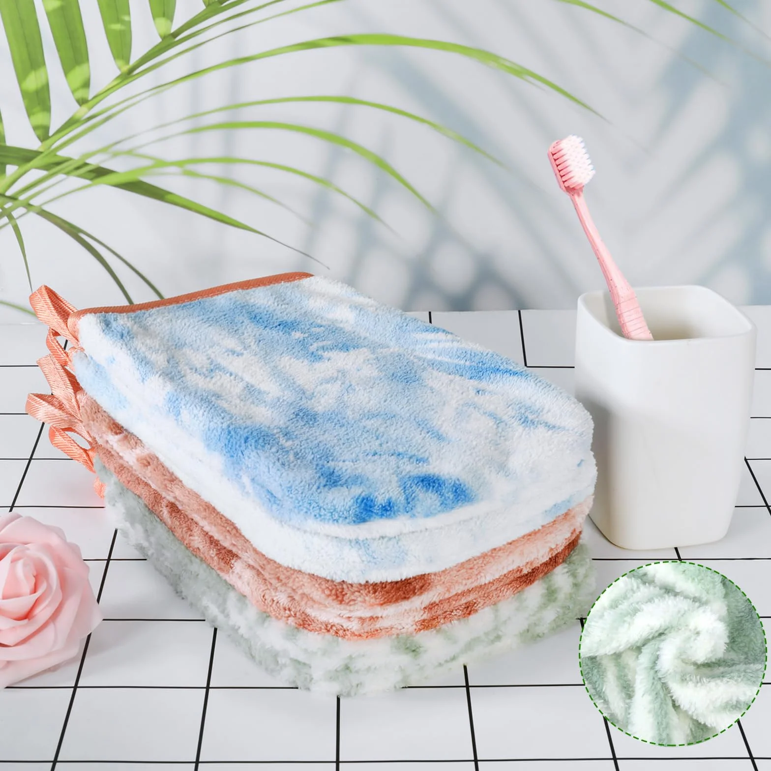 PHOGARY Gants de Toilette 15x21 cm Très Doux Absorbant Polaire Corail Densité élevée Serviette Main Visage Tie-Dye Boucle Suspension