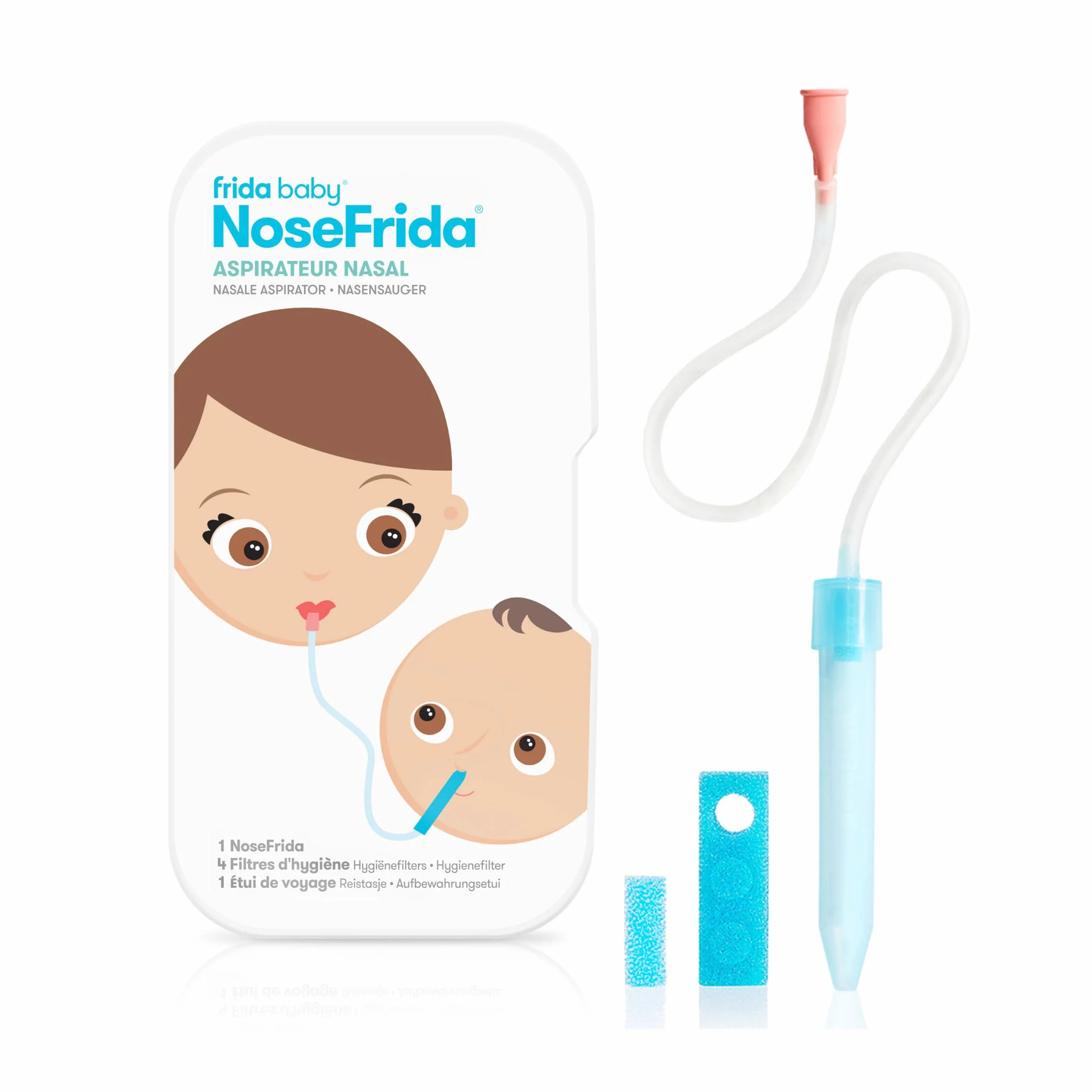 NoseFrida Le SnotSucker Kit aspirateur nasal bébé avec étui voyage + 4 filtres hygiéniques