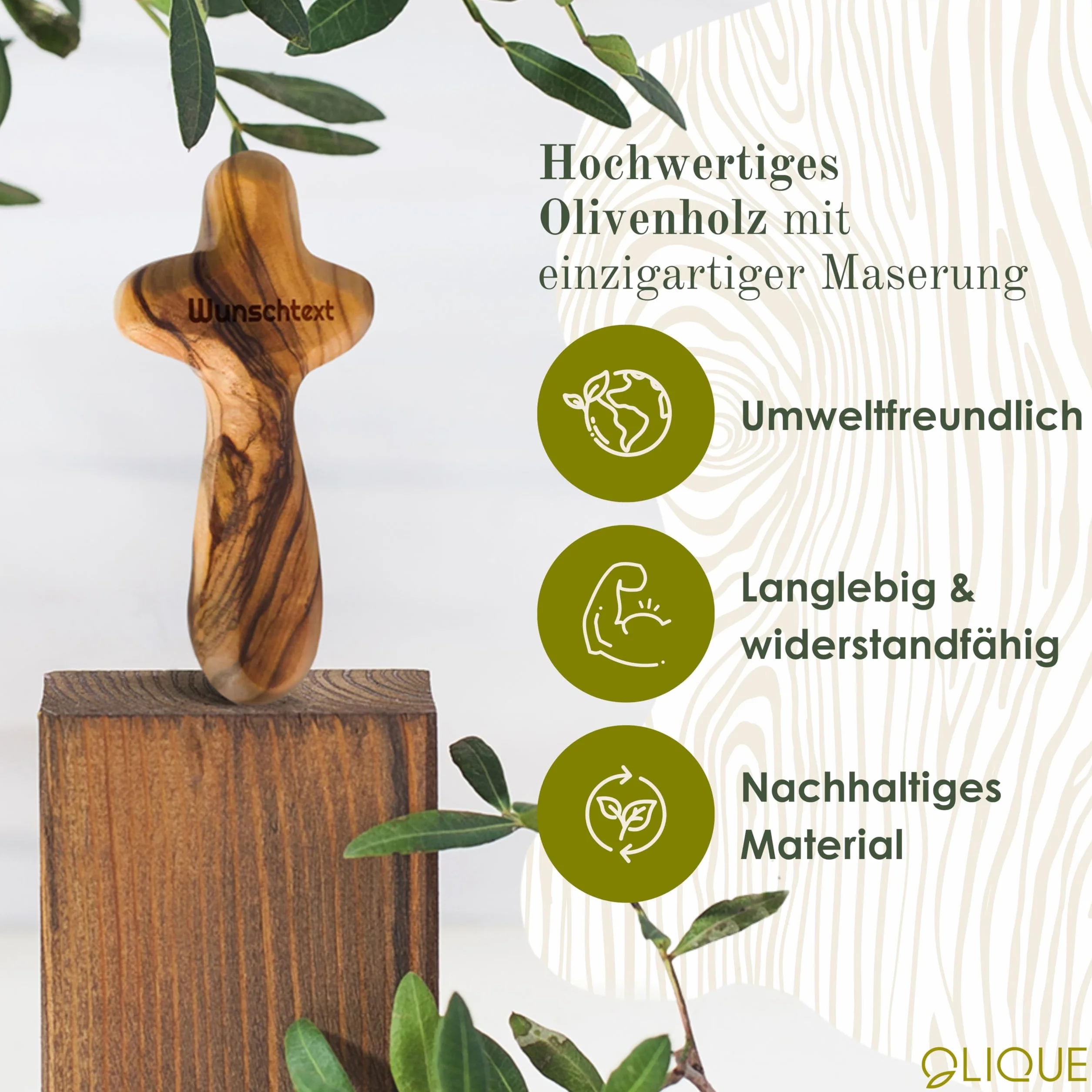 Croix en bois d'olivier bijou fait main avec gravure pour naissance baptême communion confirmation