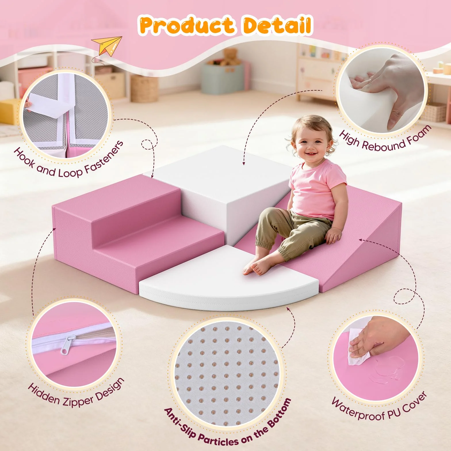 Blocs de construction en mousse pour enfants, grands blocs souples antidérapants, escalade bébé intérieur, rose et blanc