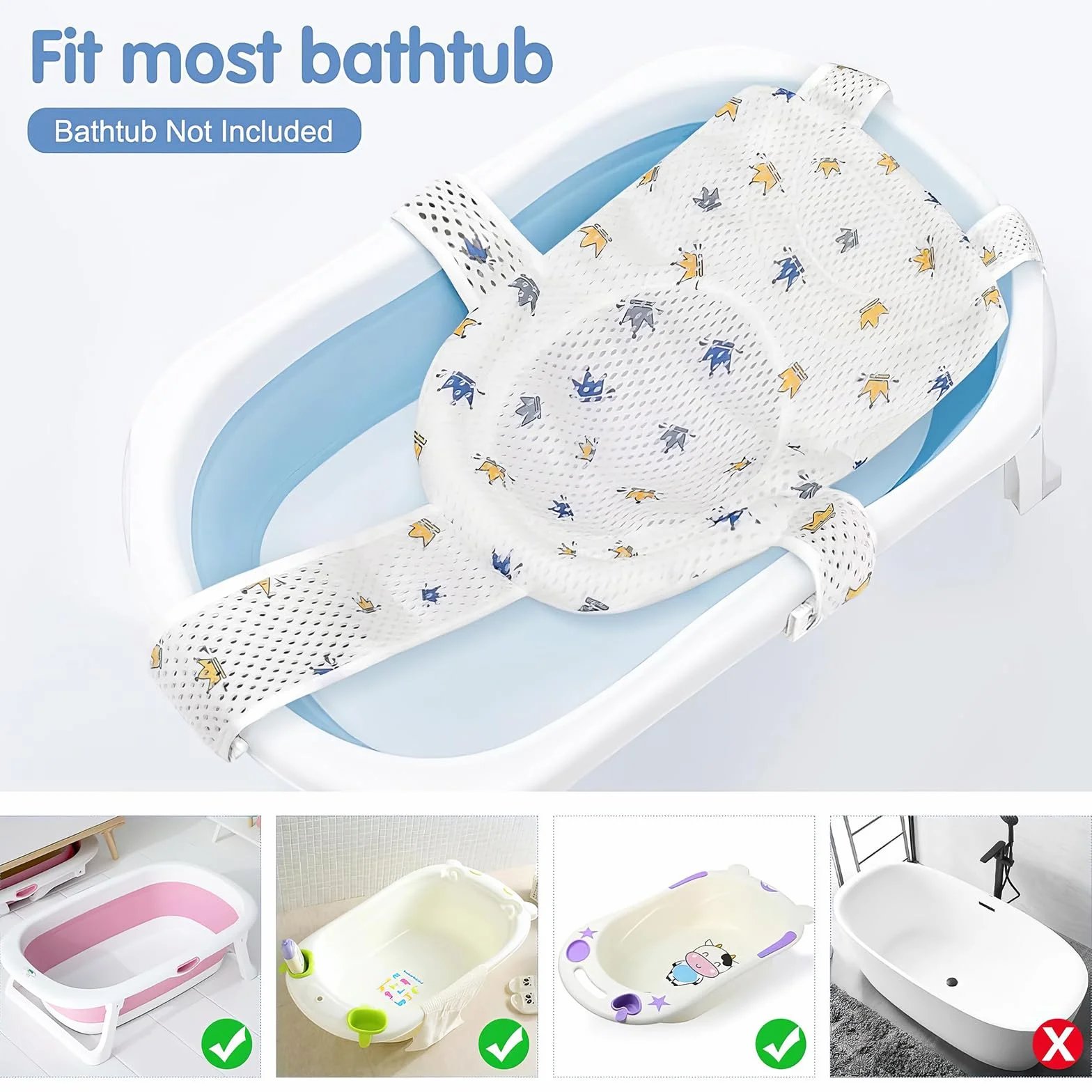 Coussin de Bain pour Bébé, Réducteur de Baignoire, Hamac avec 5 Sangles de Sécurité, Filet Respirant Anti-Glissant