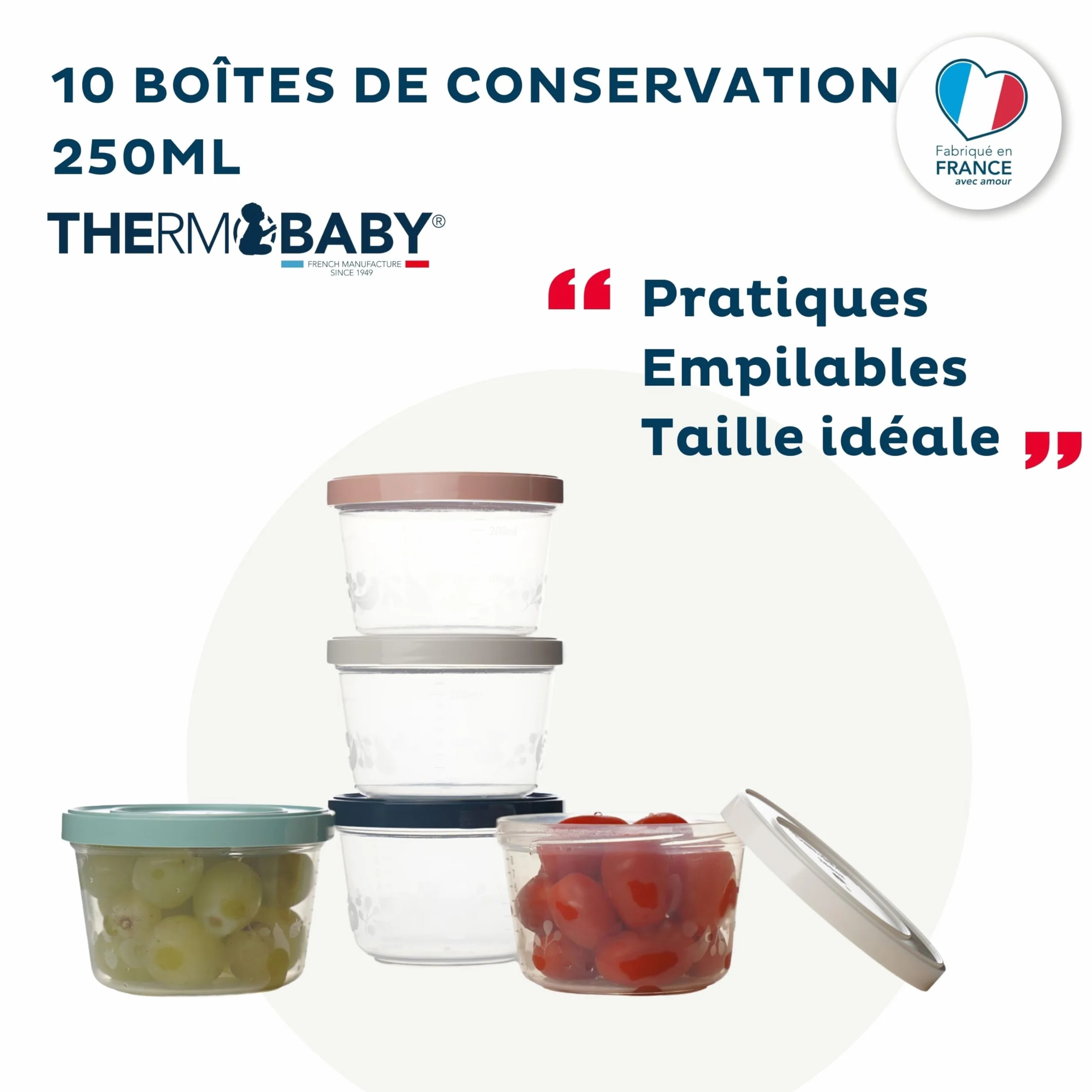 THERMOBABY Lot de 10 boîtes de conservation 250ml pour Bébé - Compatibles Micro-ondes, congélateur, lave-vaisselle - Empilables