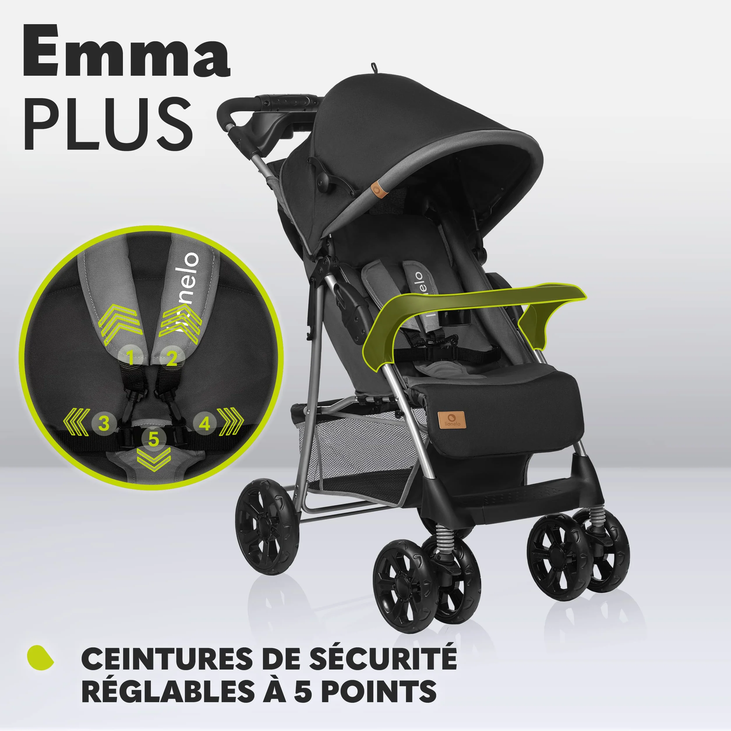 LIONELO Emma Plus poussette bébé 15 kg harnais 5 points pliage rapide amortisseurs sac inclus matelas STONE