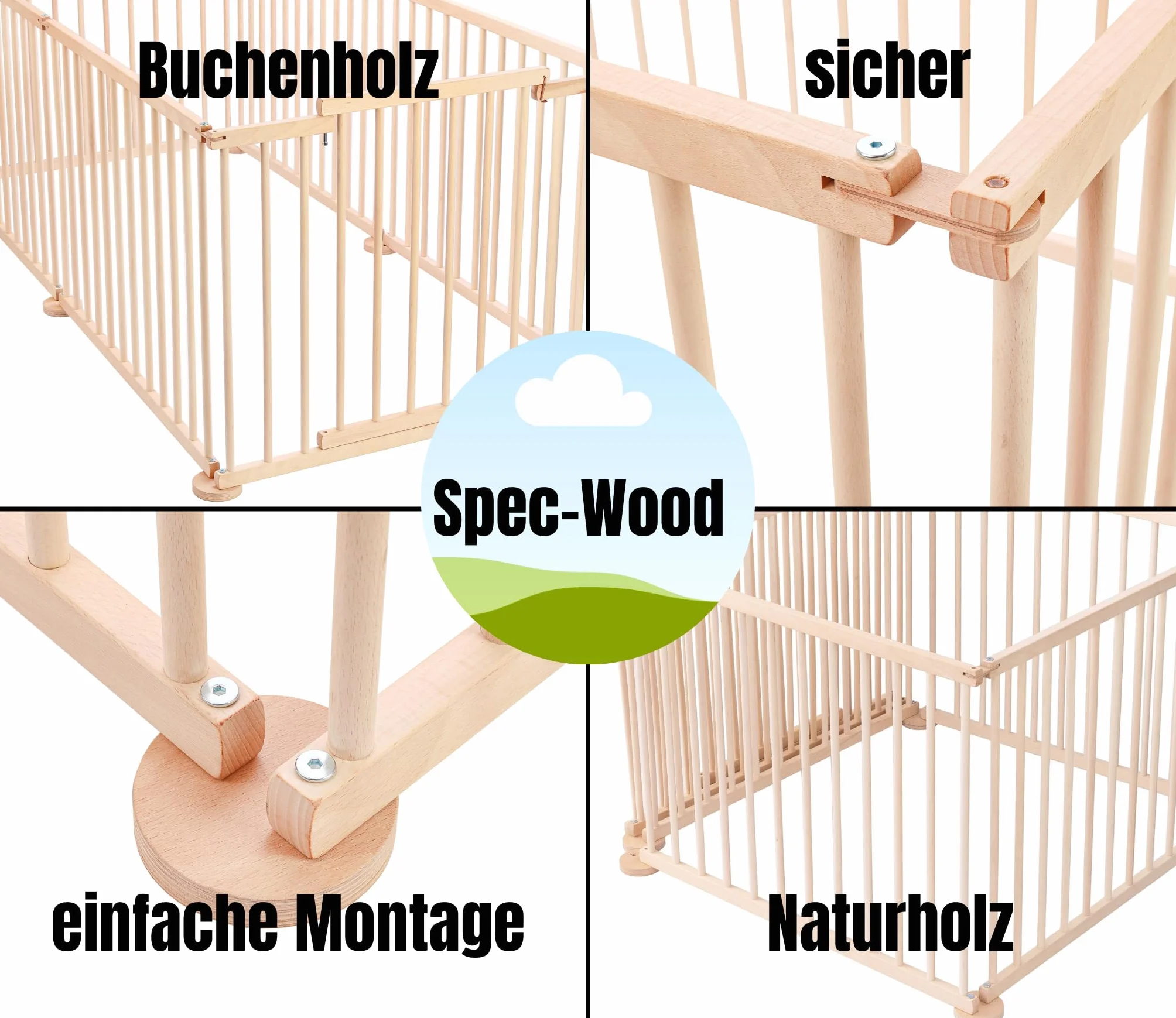 Spec-wood Parc pour bébé pliable en bois de hêtre 92 x 74 cm avec sécurité barrière 6 angles