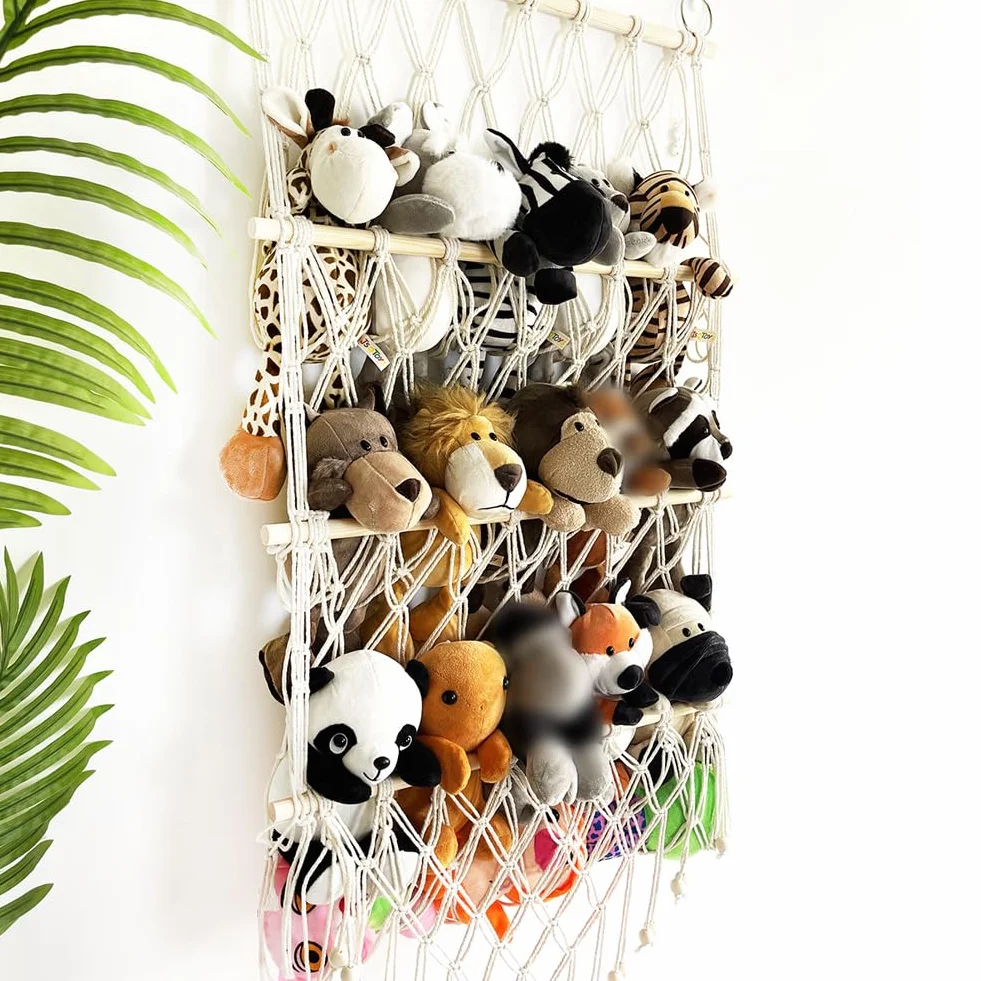 Hamac de Rangement pour Jouets Tissée à la Main en Corde de Coton à Suspendre Support de Rangement Peluche
