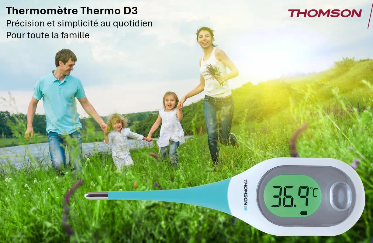 THOMSON Thermo D3 Thermomètre Digital Haute Précision Mesure Rapide <10s Écran LCD Rétroéclairé 3 Couleurs Mémoire Usage Oral Axillaire Rectal Étanche IP27